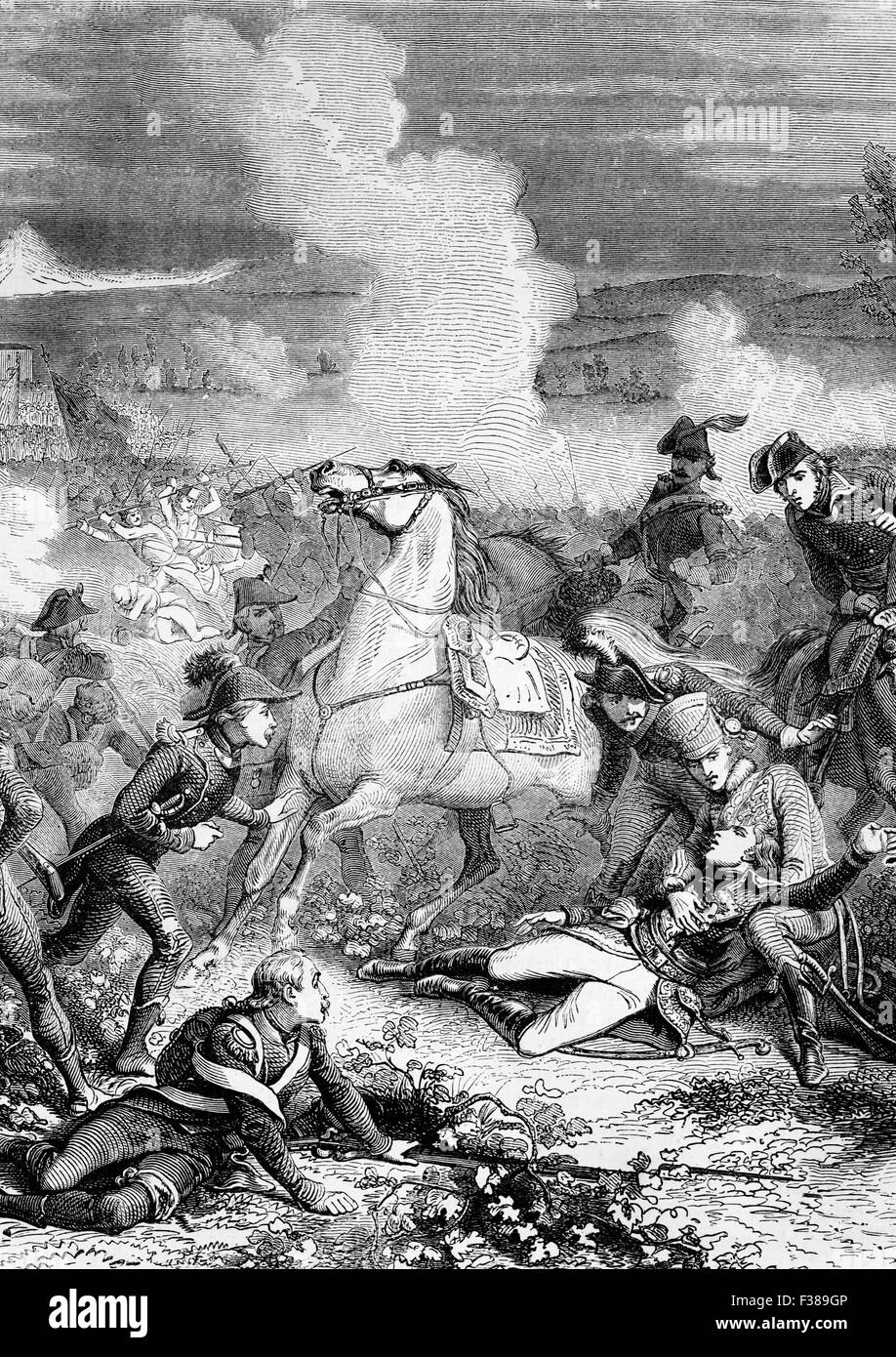 La mort du général Louis Charles Antoine Desaix (1768 -1800), un général français et leader militaire au cours de la bataille de Marengo, le 14 juin 1800, entre les forces françaises sous Napoléon Bonaparte et les forces autrichiennes près de la ville d'Alexandrie, dans le Piémont, en Italie. Banque D'Images