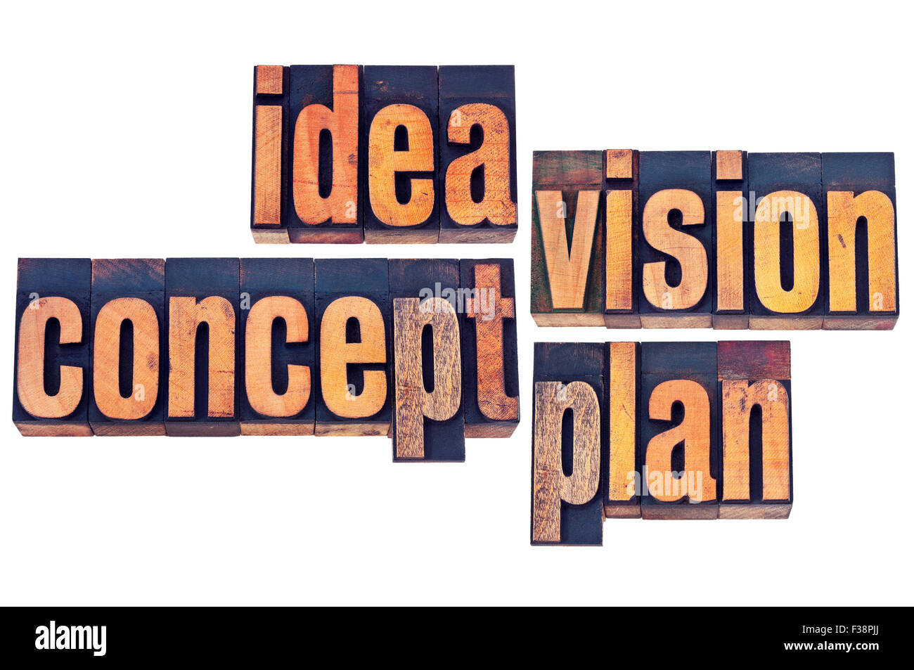 Idée, la vision, le concept et le mot plan résumé - un collage de mots isolés dans la typographie vintage type de bois Banque D'Images