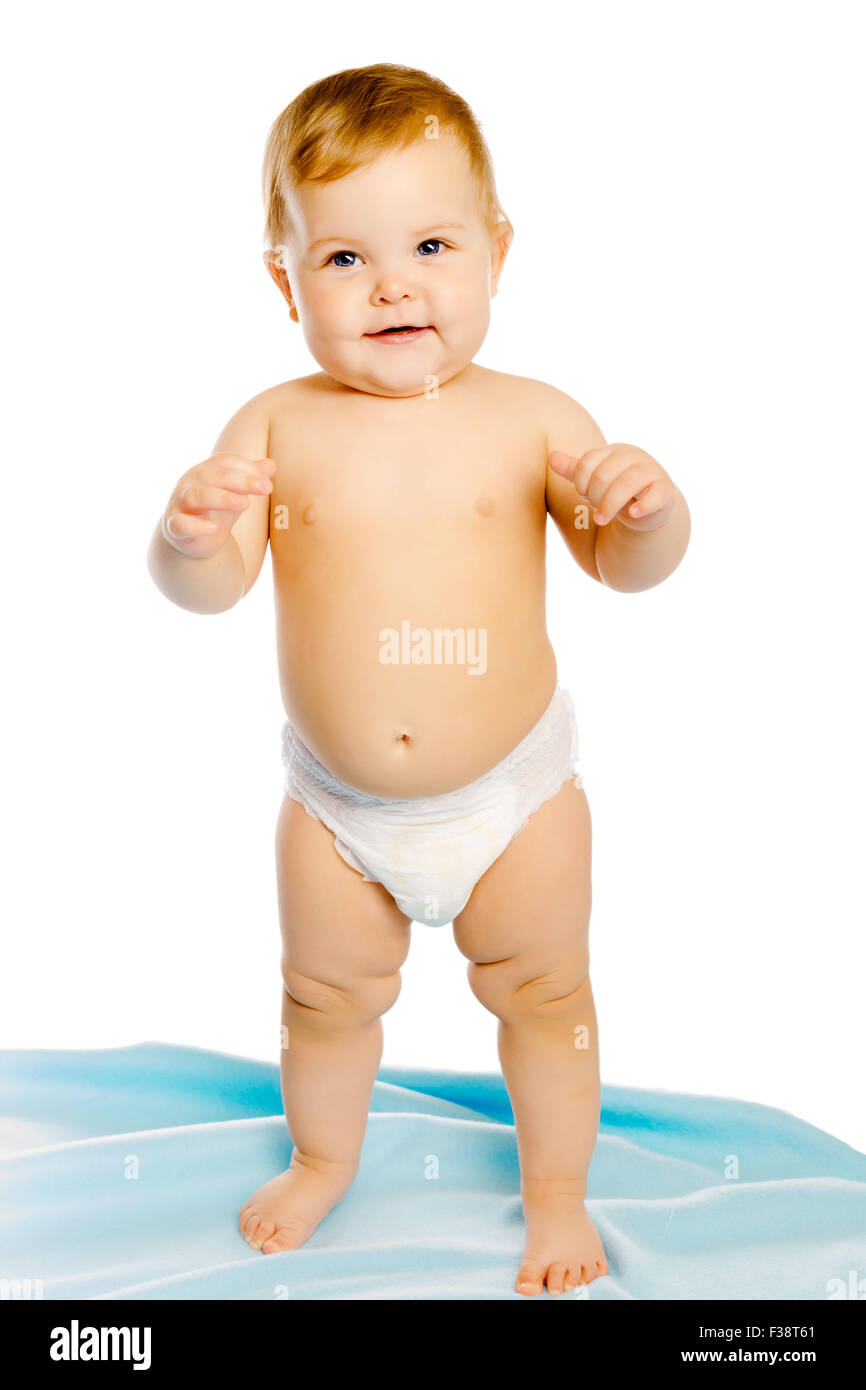 Drole De Bebe En Couche Debout Sur Une Couverture Bleue Studio Isole Photo Stock Alamy