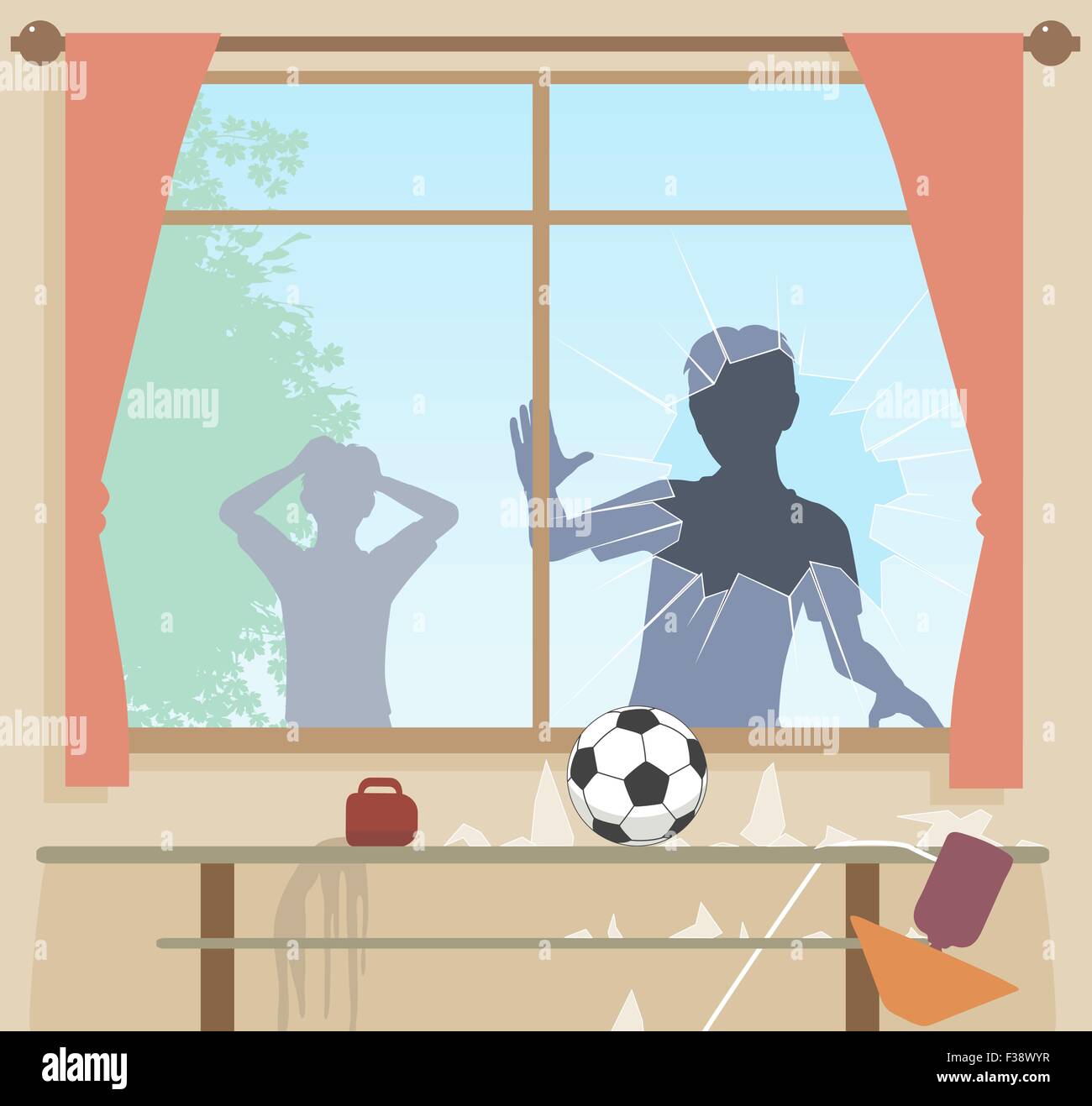 Spe8 illustration vectorielle modifiable des garçons briser une fenêtre avec un foot Illustration de Vecteur