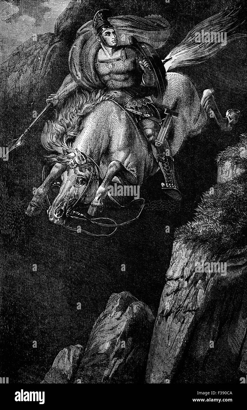 362 avant J.-C., Marcus Curtius, un jeune Roman mythologique s'est sacrifié aux dieux de l'Hadès. Après un tremblement de terre en 362 avant J.-C., une immense fosse profonde ouvrit soudainement dans le Forum Romain. Désespérant, ils ont consulté un oracle qui a dit que les dieux ont exigé le plus précieux du pays. Marcus fustigé eux et a répondu que les armes et le courage des Romains étaient les plus précieux de Rome. Avec son cheval et méticuleusement décorées et armés, il est allé dans le fossé. Immédiatement, la fosse profonde fermée. Le Lacus Curtius dans le Forum reçoit son nom de lui. Banque D'Images