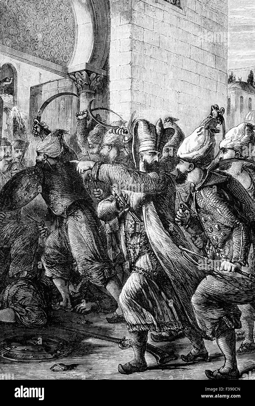 L'attaque 1807 sur le sérail et palais à Constantinople par le chef eunuque noir nommé Nezir Ağa et ses hommes, au cours de laquelle la réforme, Selim III, Sultan de l'Empire Ottoman de 1789 à 1807 a été assassiné. Banque D'Images