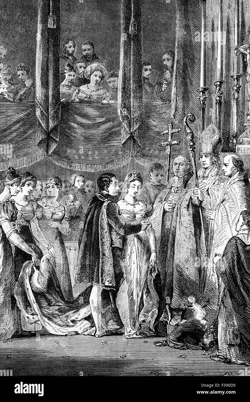 Le mariage de l'Empereur Napoléon I de Marie Louise, fille de François Ier, empereur d'Autriche en février 1810 dans le Salon carré, chapelle au Louvre, Paris, France. Banque D'Images