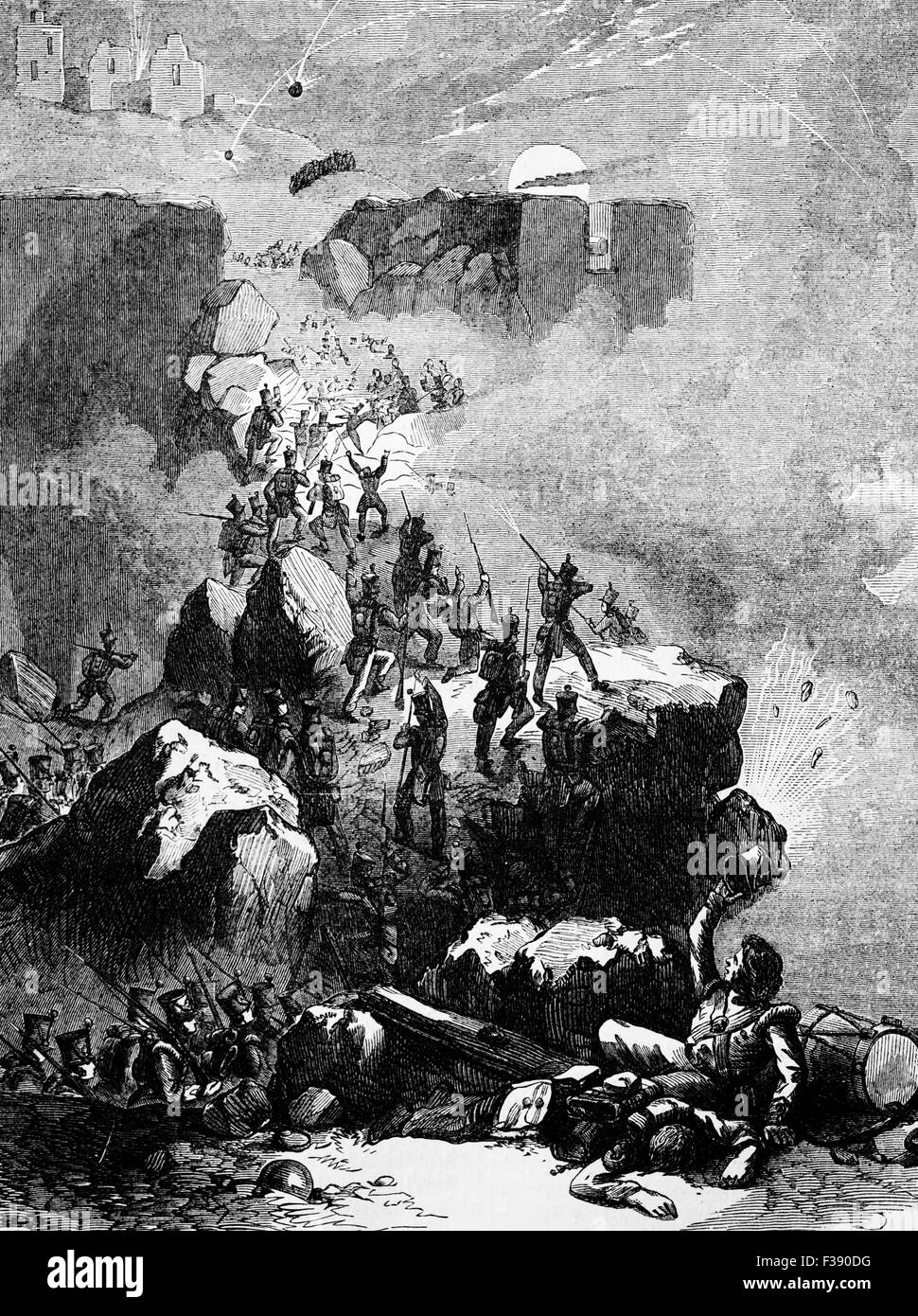 La prise de la forteresse de Ciudad Rodrigo, perché sur un éperon lieu sur la rive droite de la rivière Águeda dans la province de Salamanque, dans l'ouest de l'Espagne. Une forteresse frontière clés, il a été le lieu d'un 10-jours de siège par le duc de Wellington et sa capture à partir de l'ouvert de l'invasion de l'Espagne en 1812. Banque D'Images