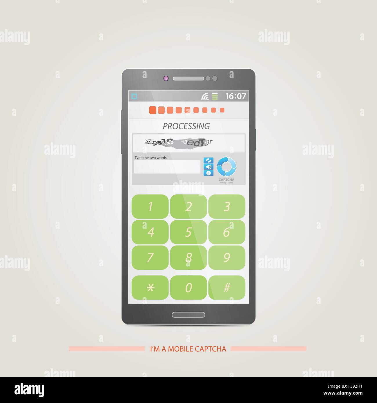 Captcha (test de Turing Public entièrement automatisé pour dire les ordinateurs et les humains à part) sur un écran de smartphone. vecteurs i Illustration de Vecteur