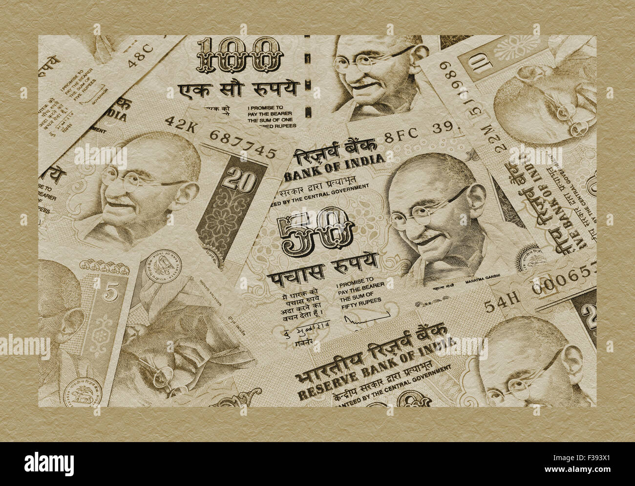De nombreux projets de roupies indiennes avec le portrait de Mahatma Gandhi se trouvant côte à côte, l'Inde, l'Asie Banque D'Images
