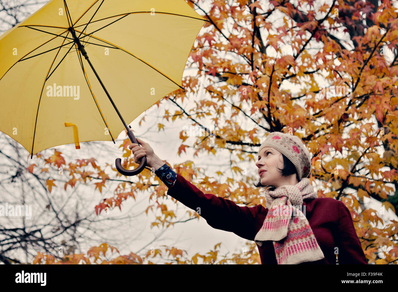 Femme tenant parapluie Jaune automne Banque D'Images