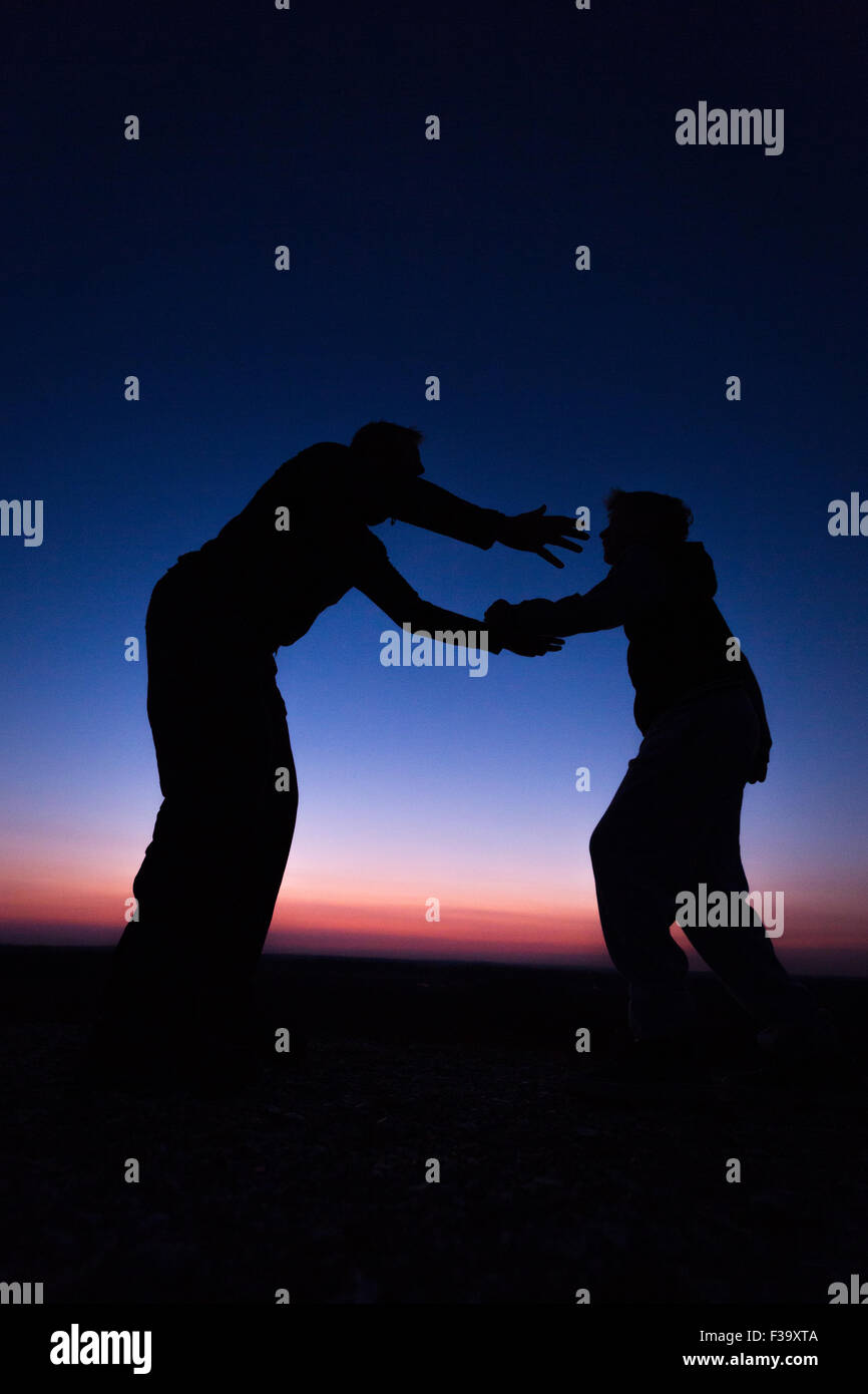 Favoriser la parentalité et photo d'un concept père et fils en silhouette se tenant la main en regardant le coucher du soleil Banque D'Images