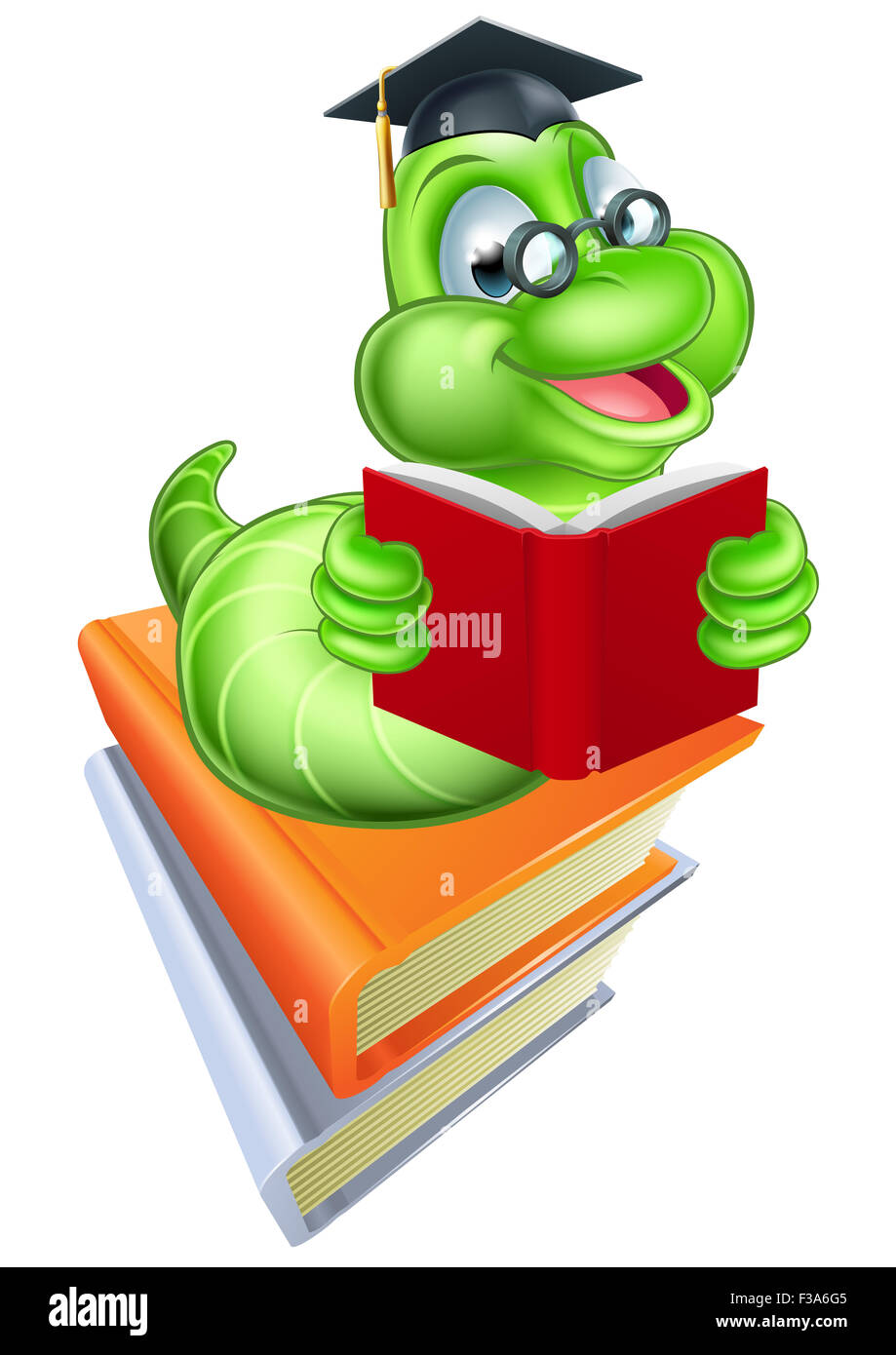 Cartoon vert bookworm ver caterpillar portant des lunettes et le mortier board hat de lire un livre Banque D'Images