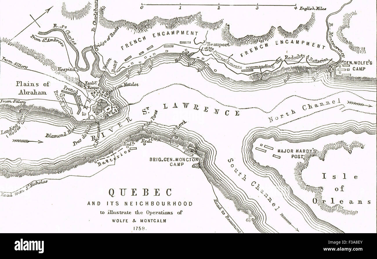 Québec Carte montrant le fonctionnement de Wolfe et Montcalm en 1759 Banque D'Images