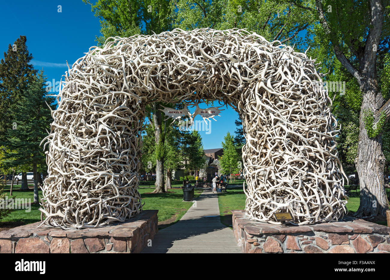 Le Wyoming, Jackson, George Washington Memorial Park Town Square, aka-elk antler arch Banque D'Images