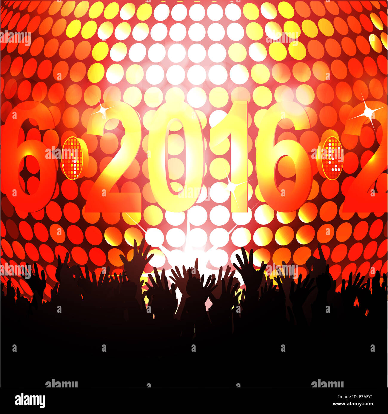 New Years Party 2016 avec boule disco et foule rougeoyant Banque D'Images