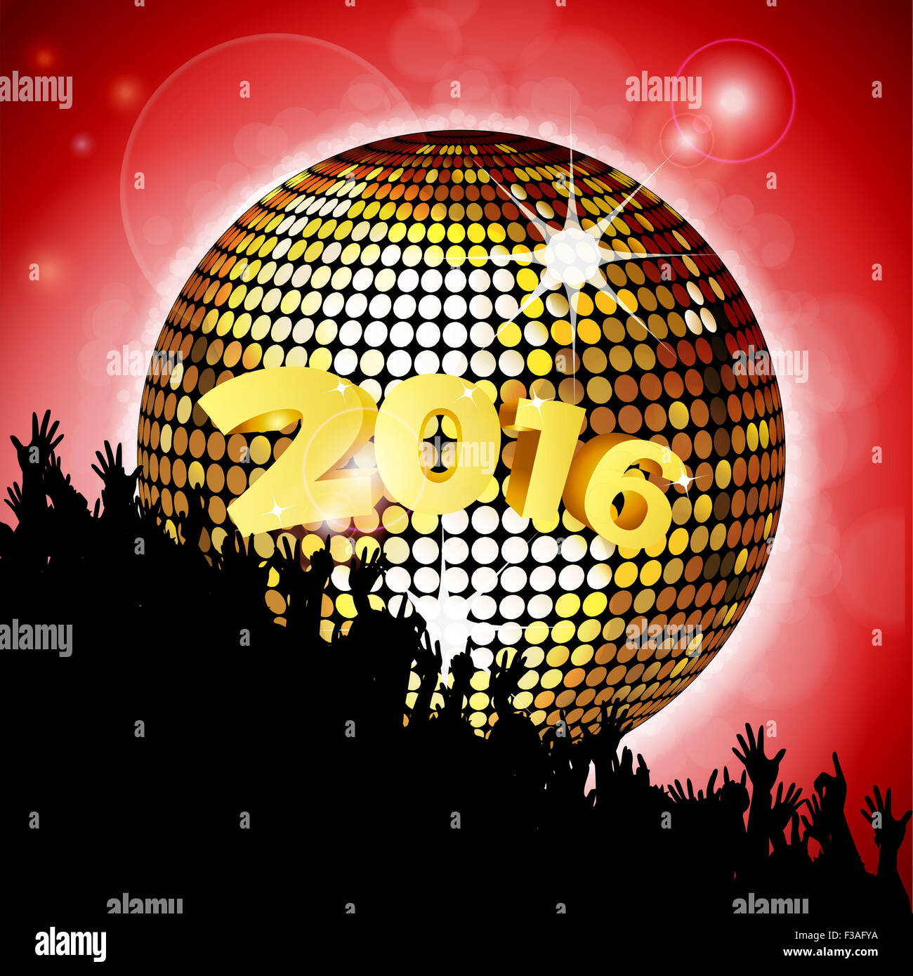 New Years Party 2016 avec foule et boule disco sur fond lumineux rouge Banque D'Images