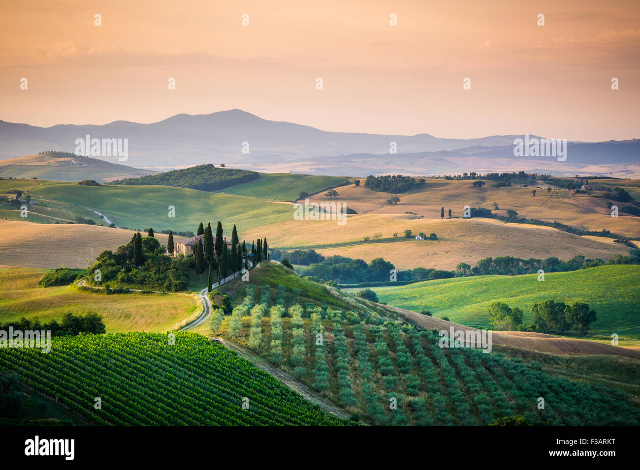 La toscane, ferme isolée dans le pays d'or et verts collines du Val d'Orcia, tôt le matin. Paysage italien. Banque D'Images