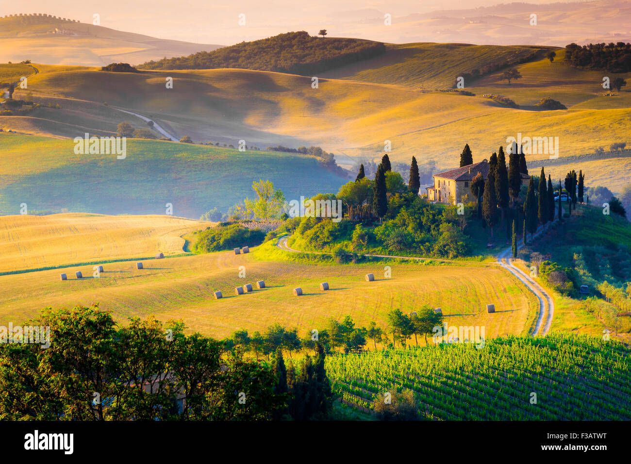 La toscane, ferme isolée dans le pays d'or et verts collines du Val d'Orcia, tôt le matin. Paysage italien. Banque D'Images