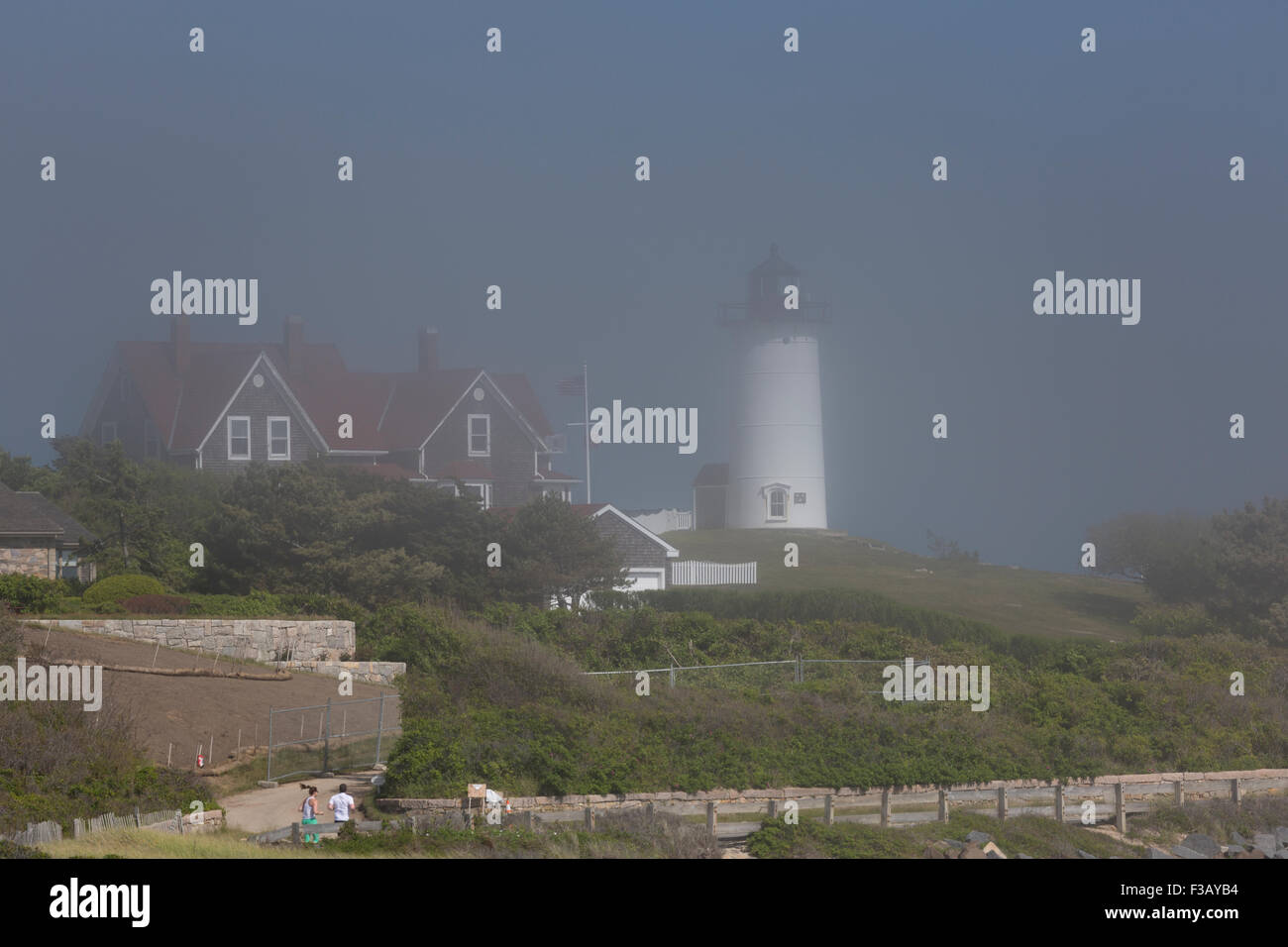 Nobska Lumière, ou Nobsque phare de lumière dans la brume Cape Cod, Massachusetts USA Banque D'Images