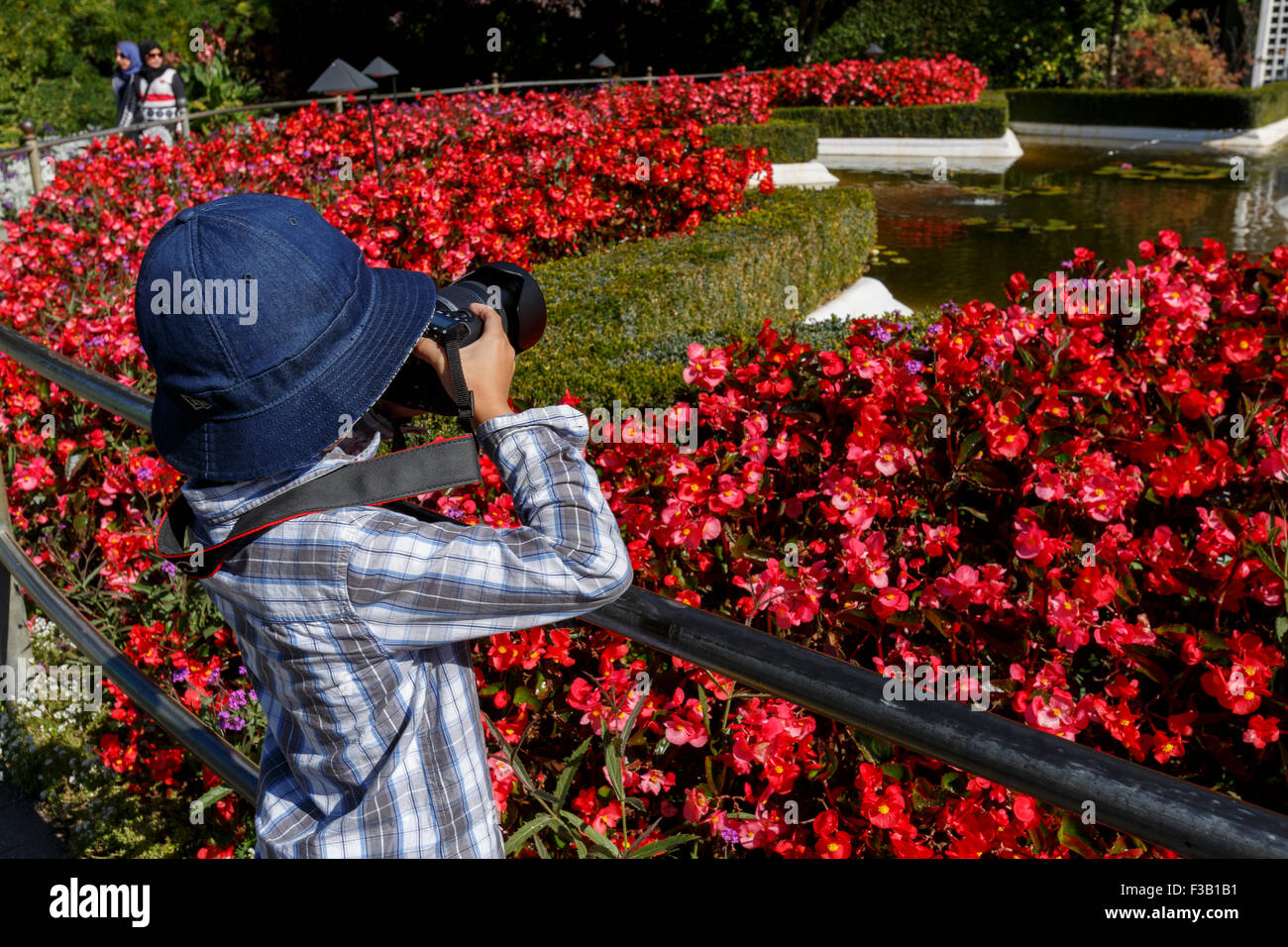 De prendre une photo des enfants avec un grand huis clos à l'étoile les Jardins Butchart, étang de l'île de Vancouver, Canada Banque D'Images