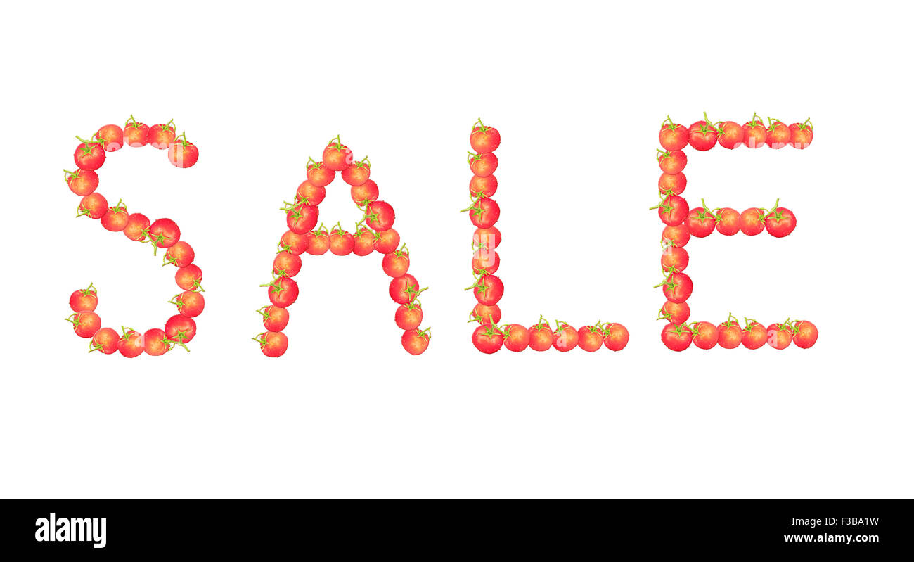 Inscription vente de tomates rouge isolé sur fond blanc Banque D'Images