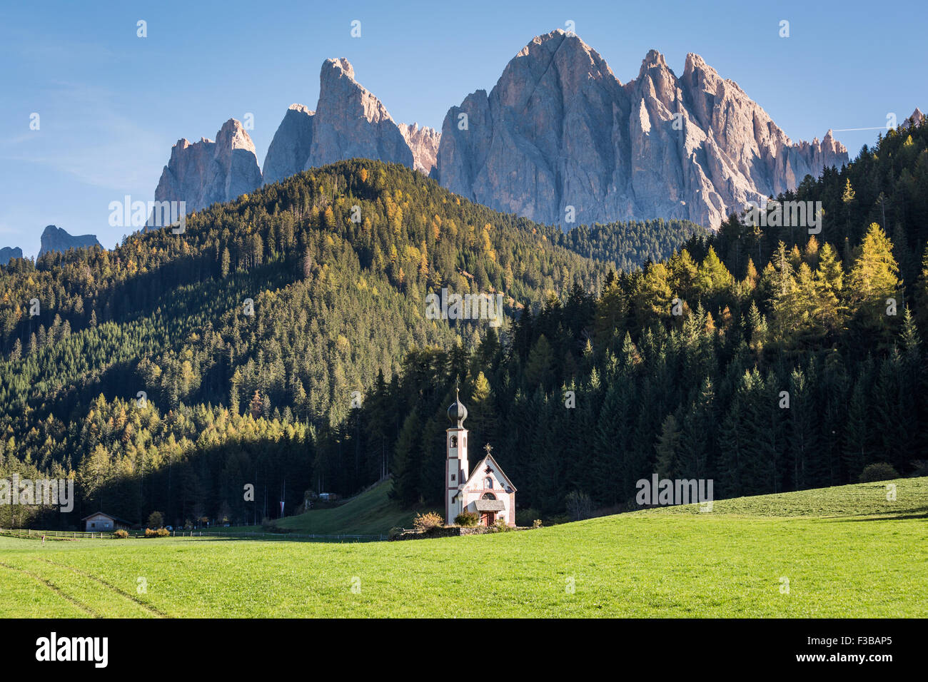 Alpes Dolomites, Italie, Odle. Val di Funes avec église Santa Maddalena, montagnes et forêt en automne. Banque D'Images