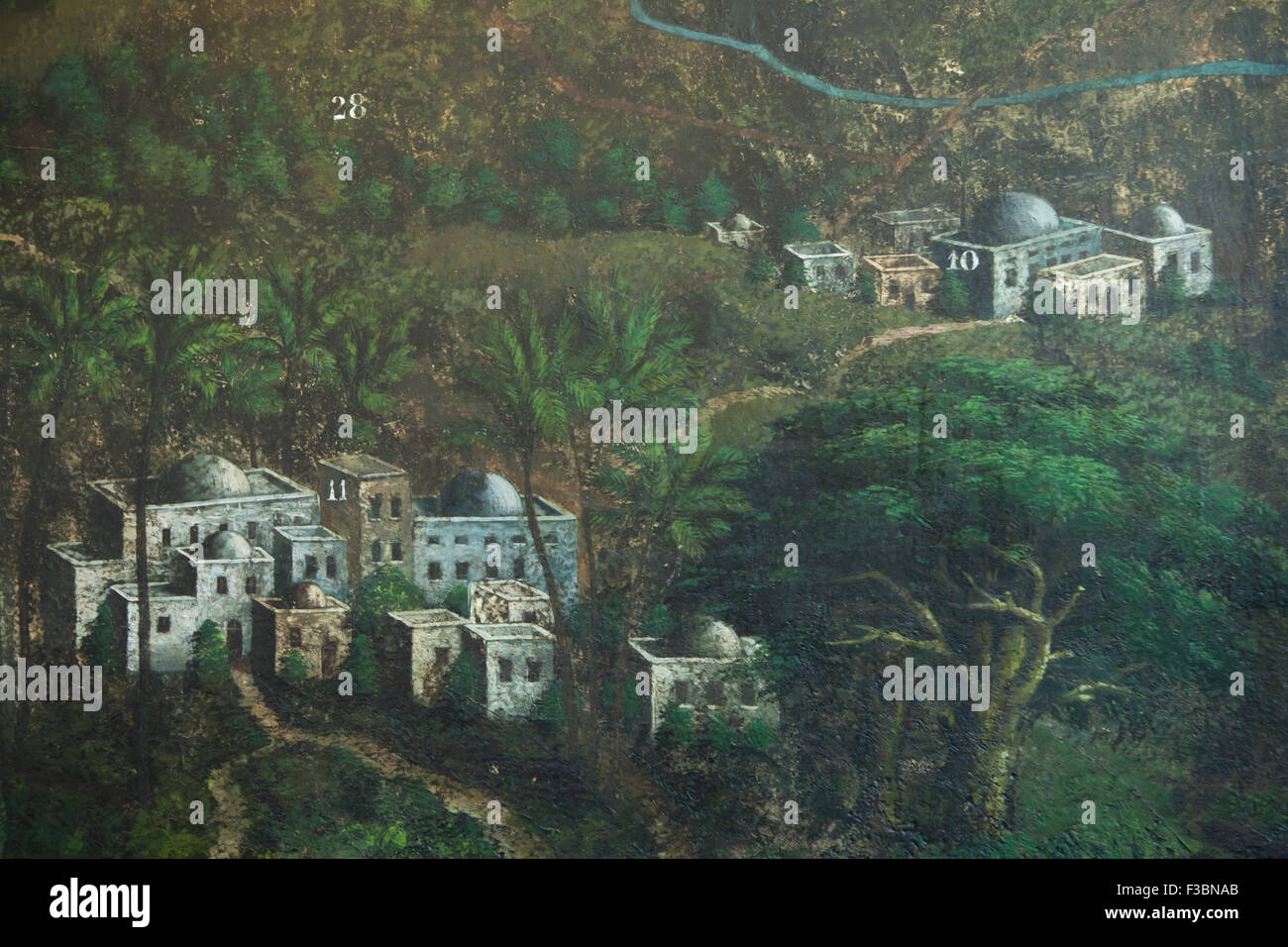 Mont des Oliviers avec le Jardin de Gethsémané et le village de Béthanie près de Jérusalem décrite dans la murale de l'artiste tchèque Jan Rehor (1900) dans le narthex de l'église de la Sainte Famille de Bohême du Sud, Ceske Budejovice, République tchèque. Le site de Bethphagé (10), le village de Béthanie (11) et le Mont des Oliviers avec le Jardin de Gethsémani (28) sont décrits dans le détail de la murale. La murale a été dessiné après la gravure par l'artiste français Adolphe Elzzner imprimé en 1852. Banque D'Images
