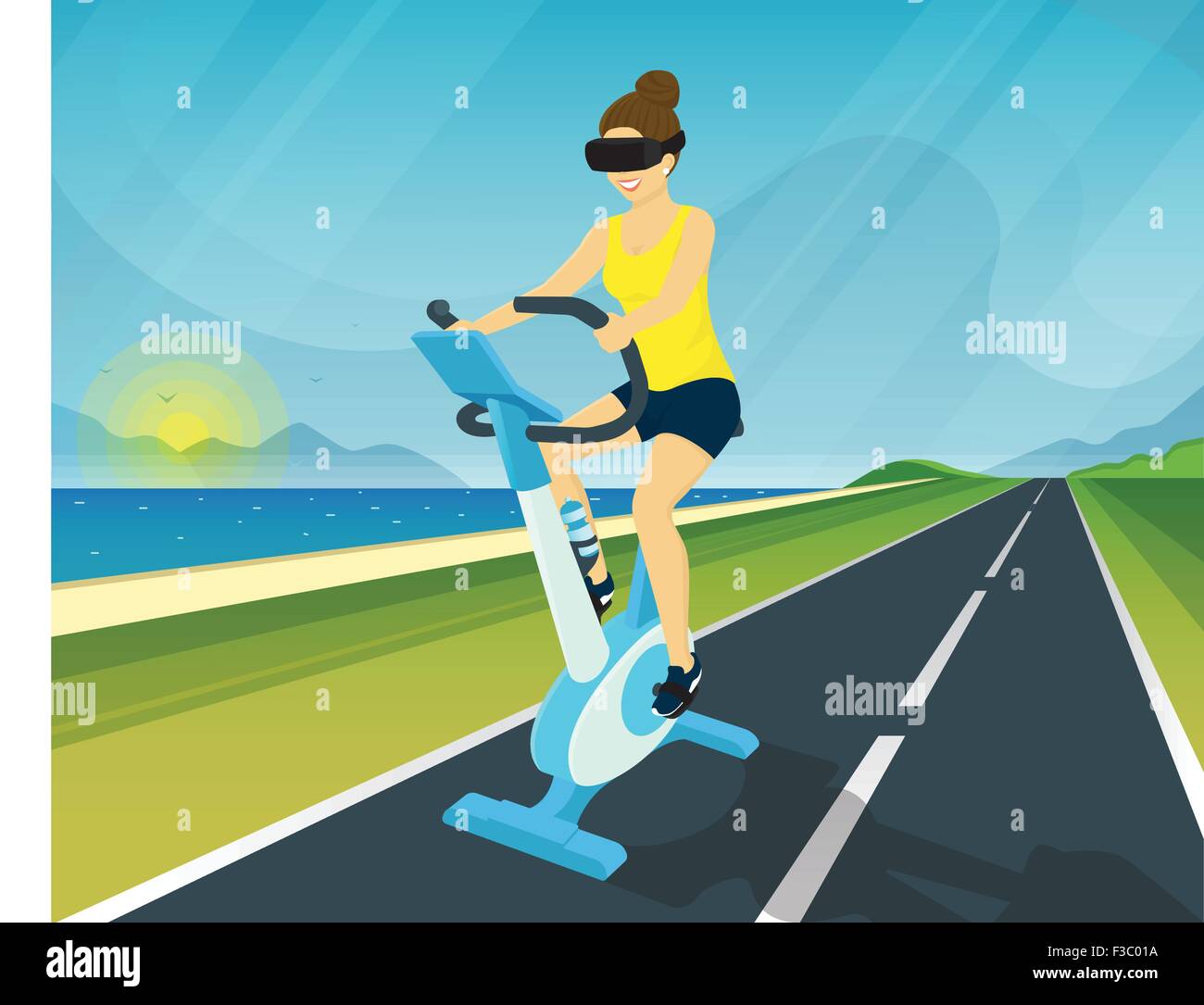 Femme est équitation vélo d'exercice à l'aide de dispositif à la tête de réalité virtuelle Illustration de Vecteur