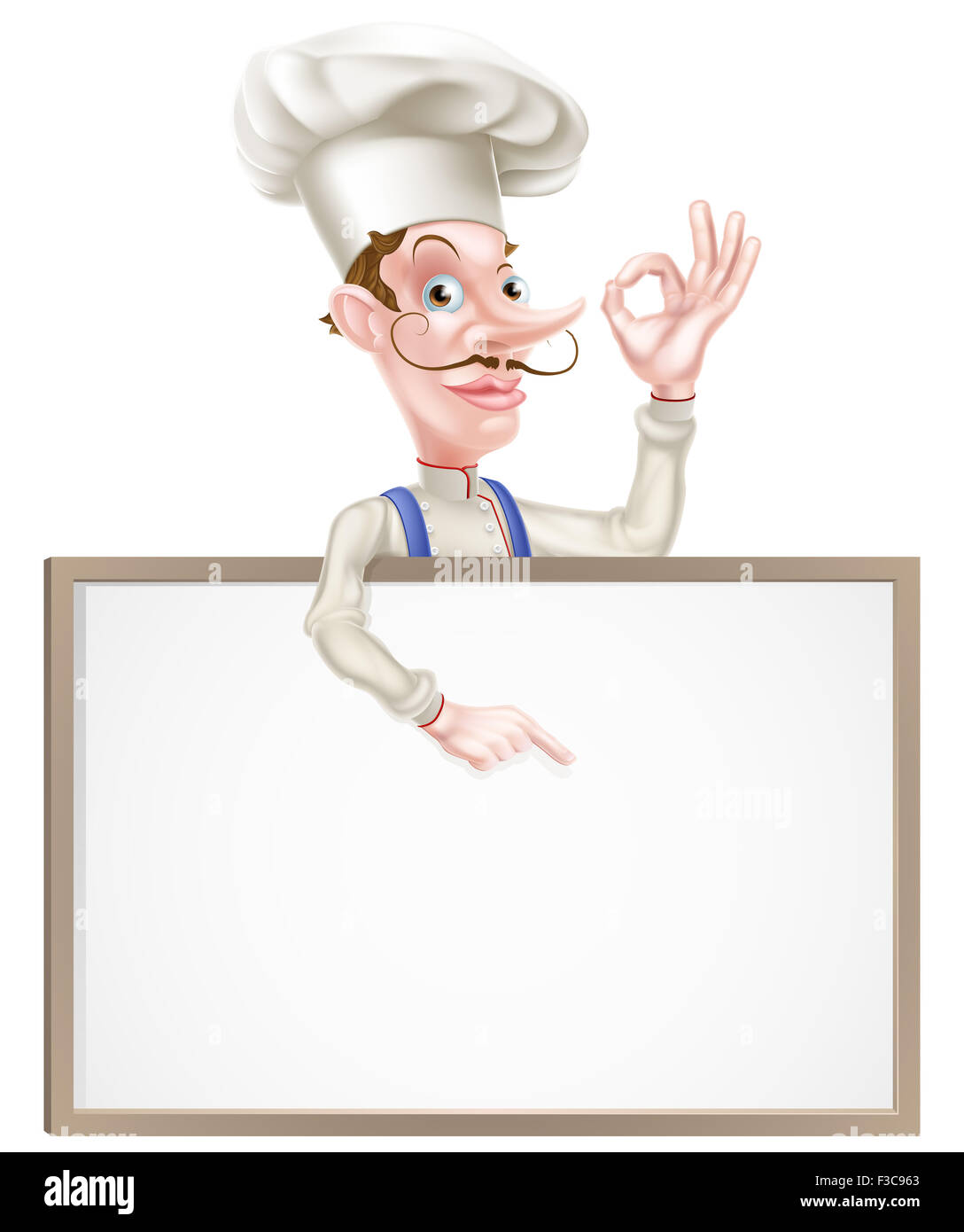 Une illustration d'un chef de bande dessinée faisant un signe parfait et montrant une pancarte Banque D'Images