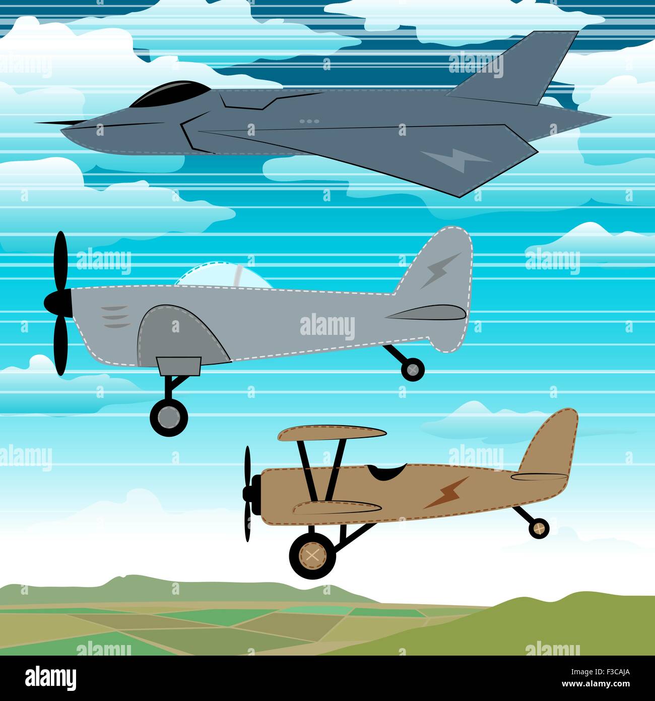 Militaire 3 avions volant ensemble avec les nuages de la broderie. Illustration de Vecteur