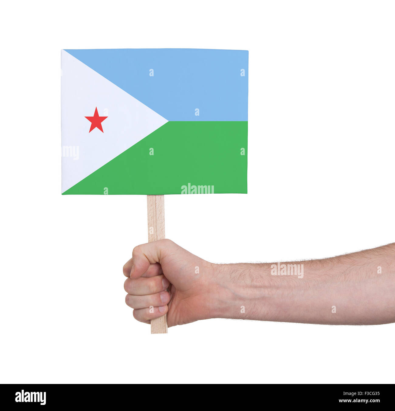 Main tenant petite carte, isolé sur blanc - Pavillon de Djibouti Banque D'Images