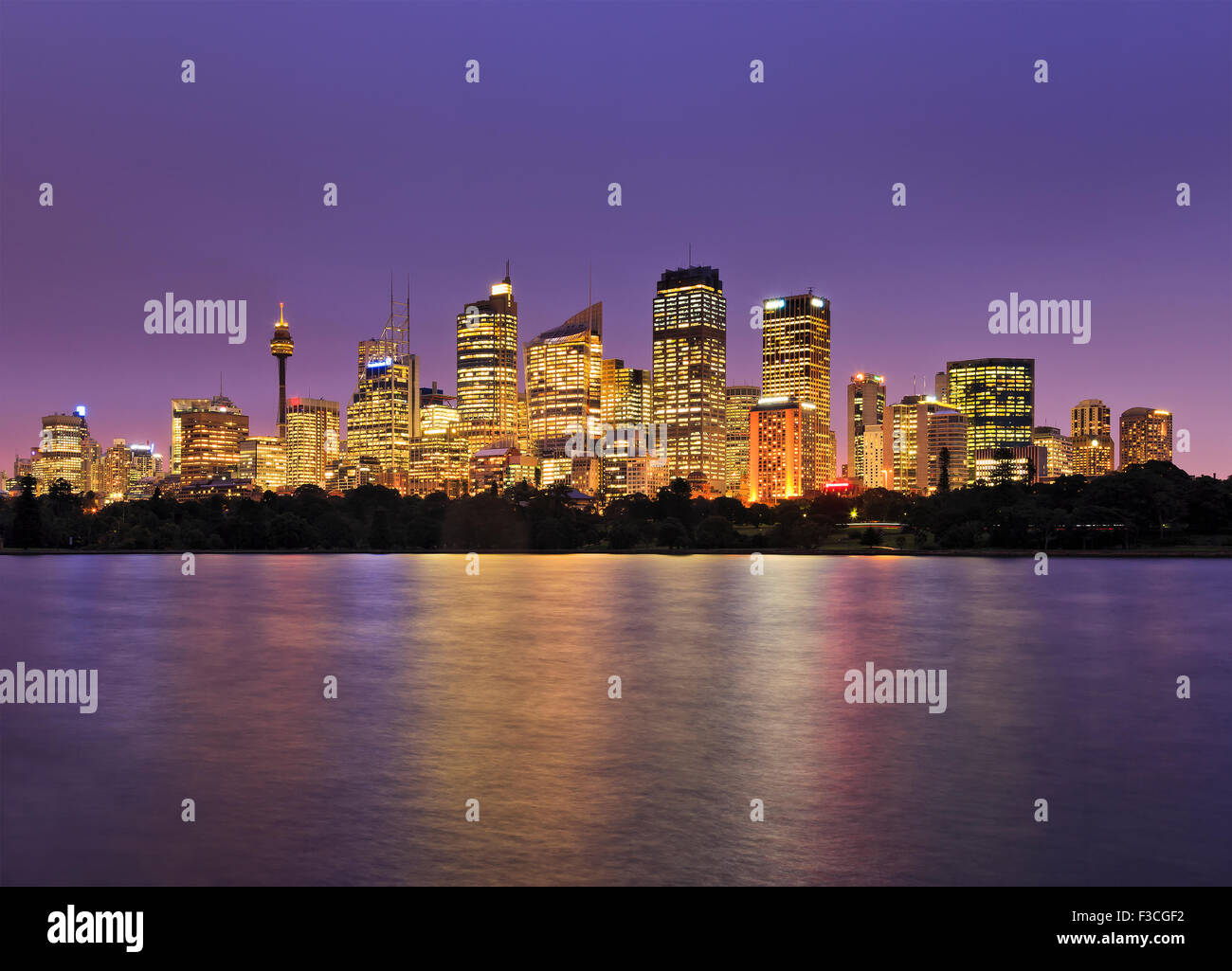 Ville de Sydney CBD vue depuis le Jardin botanique royal au coucher du soleil lorsque l'éclairage est plein de gratte-ciel et des lumières vives reflétant dans Banque D'Images