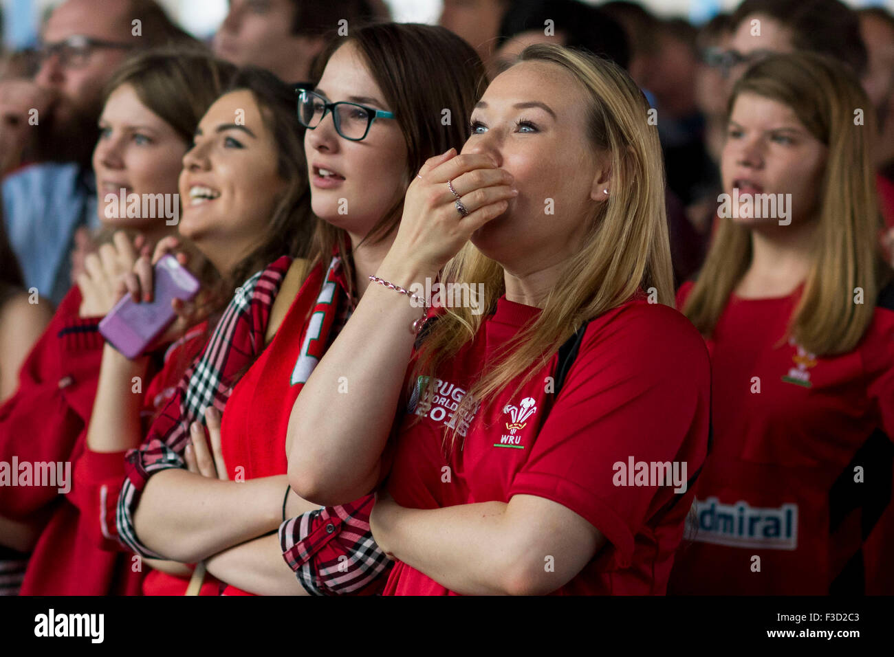 Le Pays de Galles rugby fans regarder leur équipe dans une Coupe du Monde de Rugby 2015 match contre les Fidji. Banque D'Images
