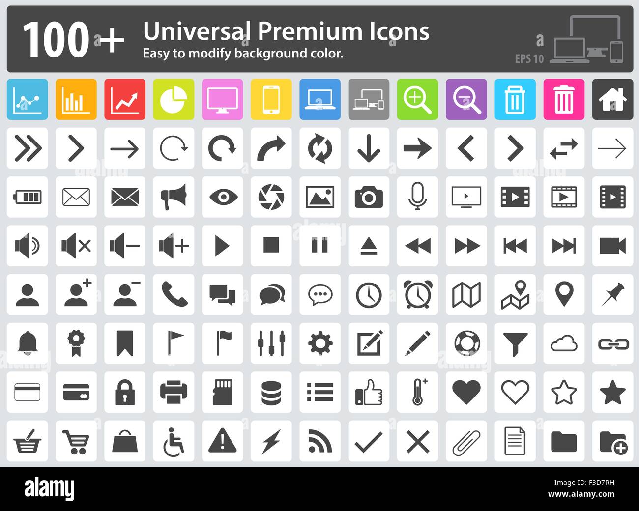 Ensemble de 100 + Icônes universel. Facile à modifier la couleur de fond. Les icônes des médias Web, icônes, icônes de flèche, l'icône de paramètres, Sh Illustration de Vecteur