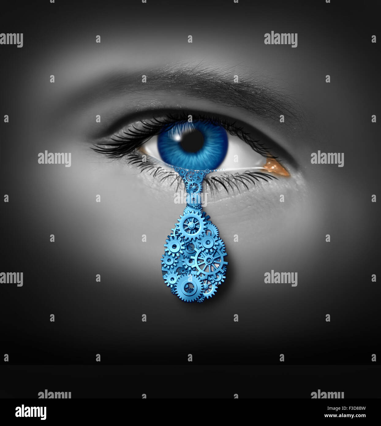 La dépression de l'industrie et de la santé mentale comme un concept d'œil humain de pleurer une larme unique faite d'engrenages et de roues comme cog Banque D'Images