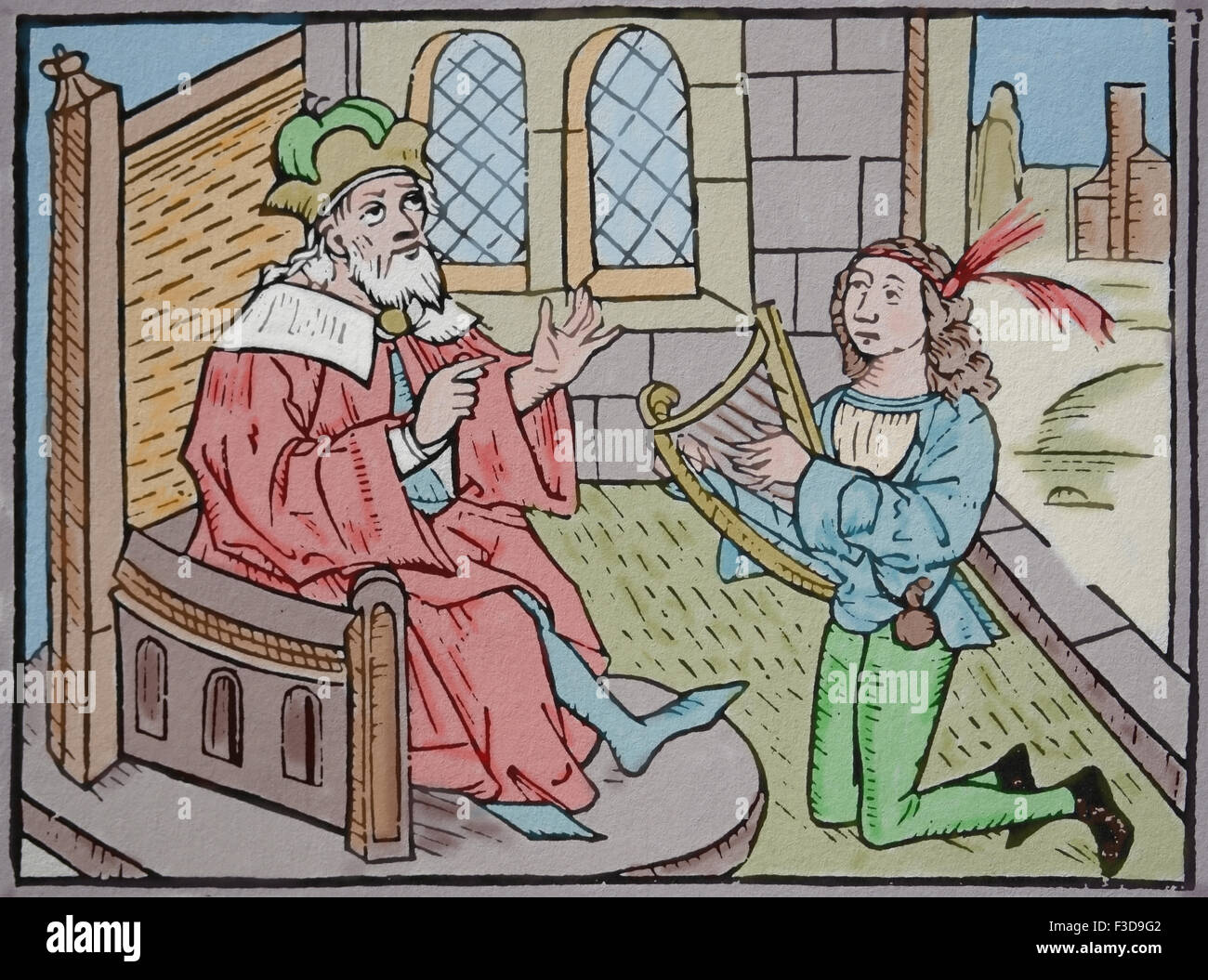 Musicien jouant d'une lyre à son monarque. La gravure. Plus tard la couleur. 19e siècle. Banque D'Images