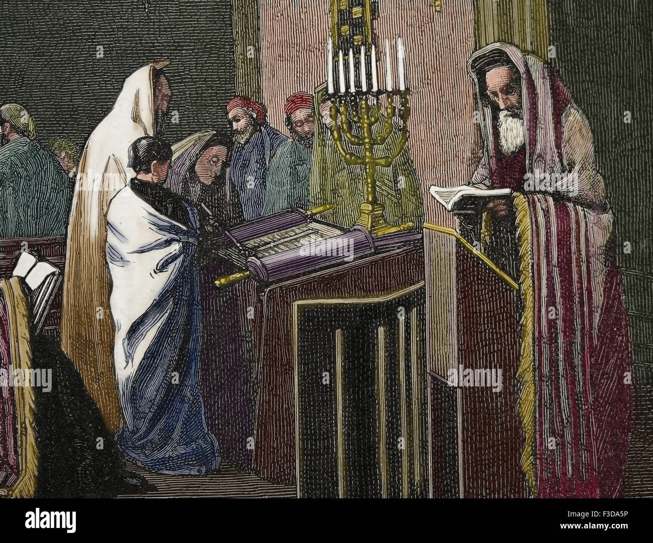 La Religion. Le judaïsme. Le rabbin est en train de lire dans la Torah à Synagogue. Gravure de froment, publié sur la Illustracion, 1870, l'Espagne. Banque D'Images