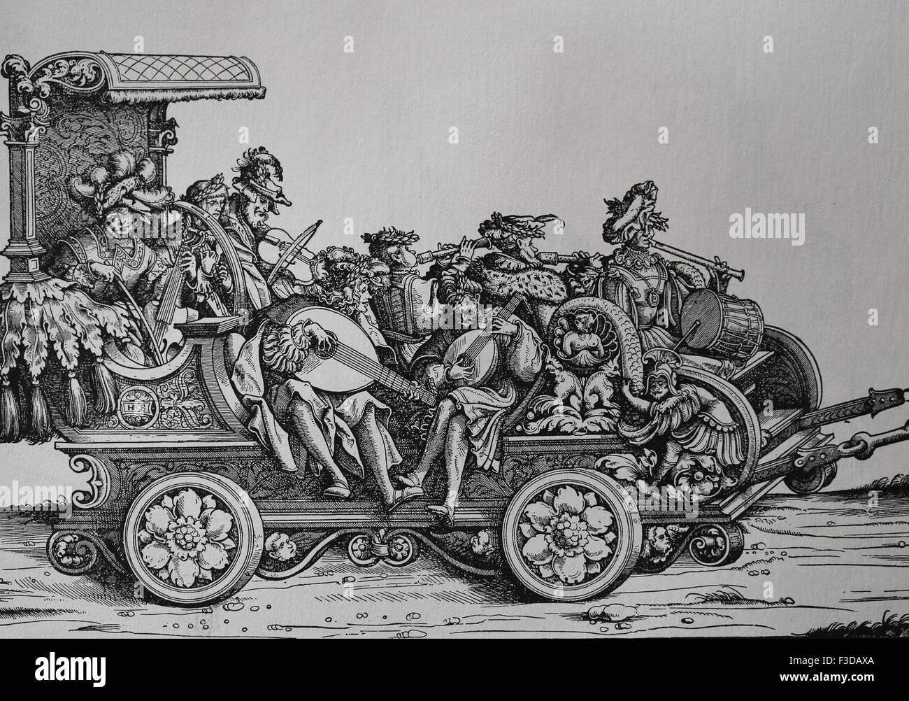 L'Europe. L'Italie. Chariot avec des musiciens jouant divers instruments de musique. La gravure. Banque D'Images