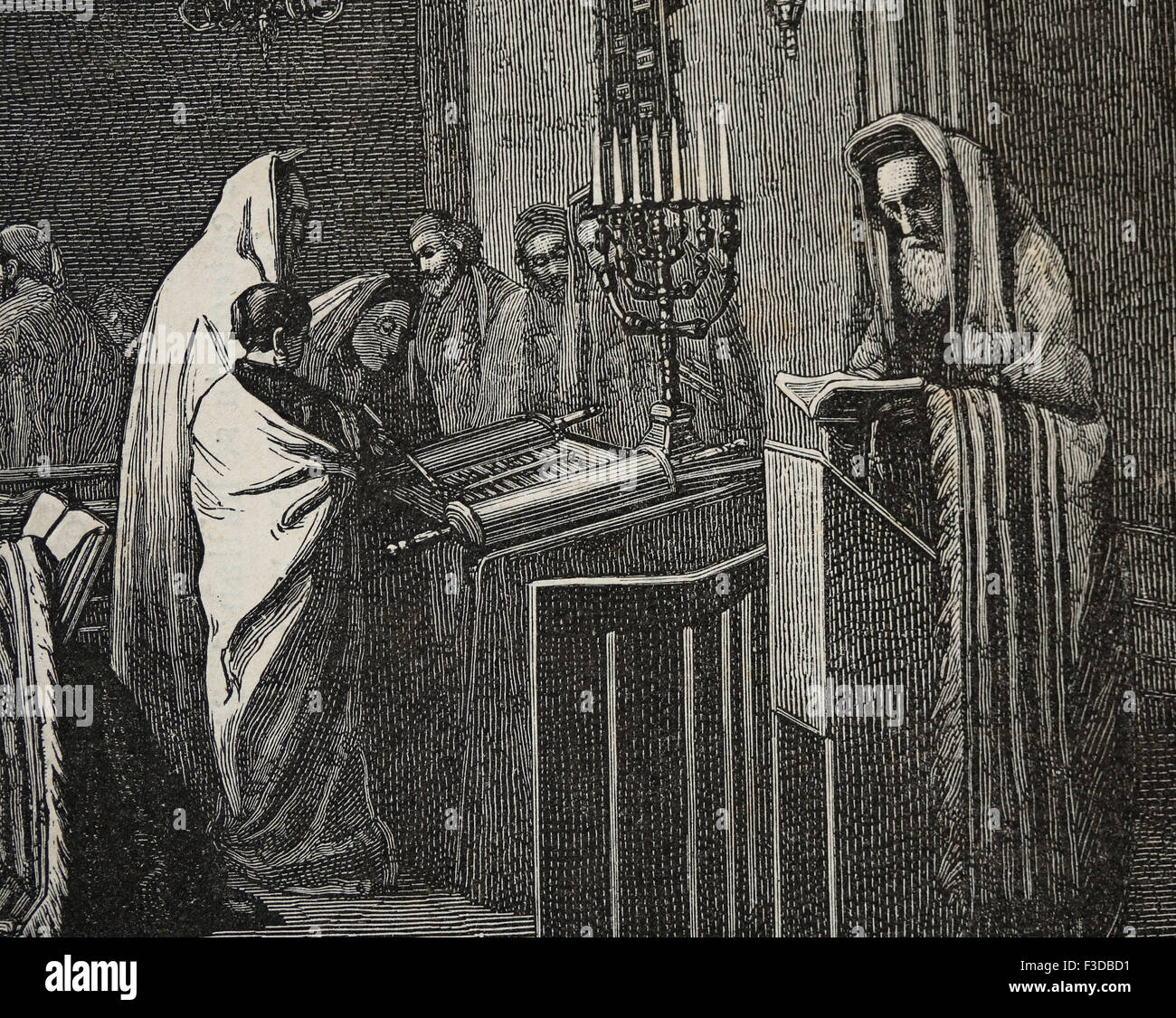 La Religion. Le judaïsme. Le rabbin est en train de lire dans la Torah à Synagogue. Gravure de froment, publié sur la Ilustracion, 1870, l'Espagne. Banque D'Images