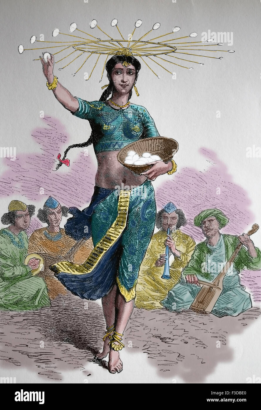 L'Asie. L'Inde. Dancing girl effectuant les oeufs "dance". La gravure. 19e siècle. Plus tard la couleur. Banque D'Images
