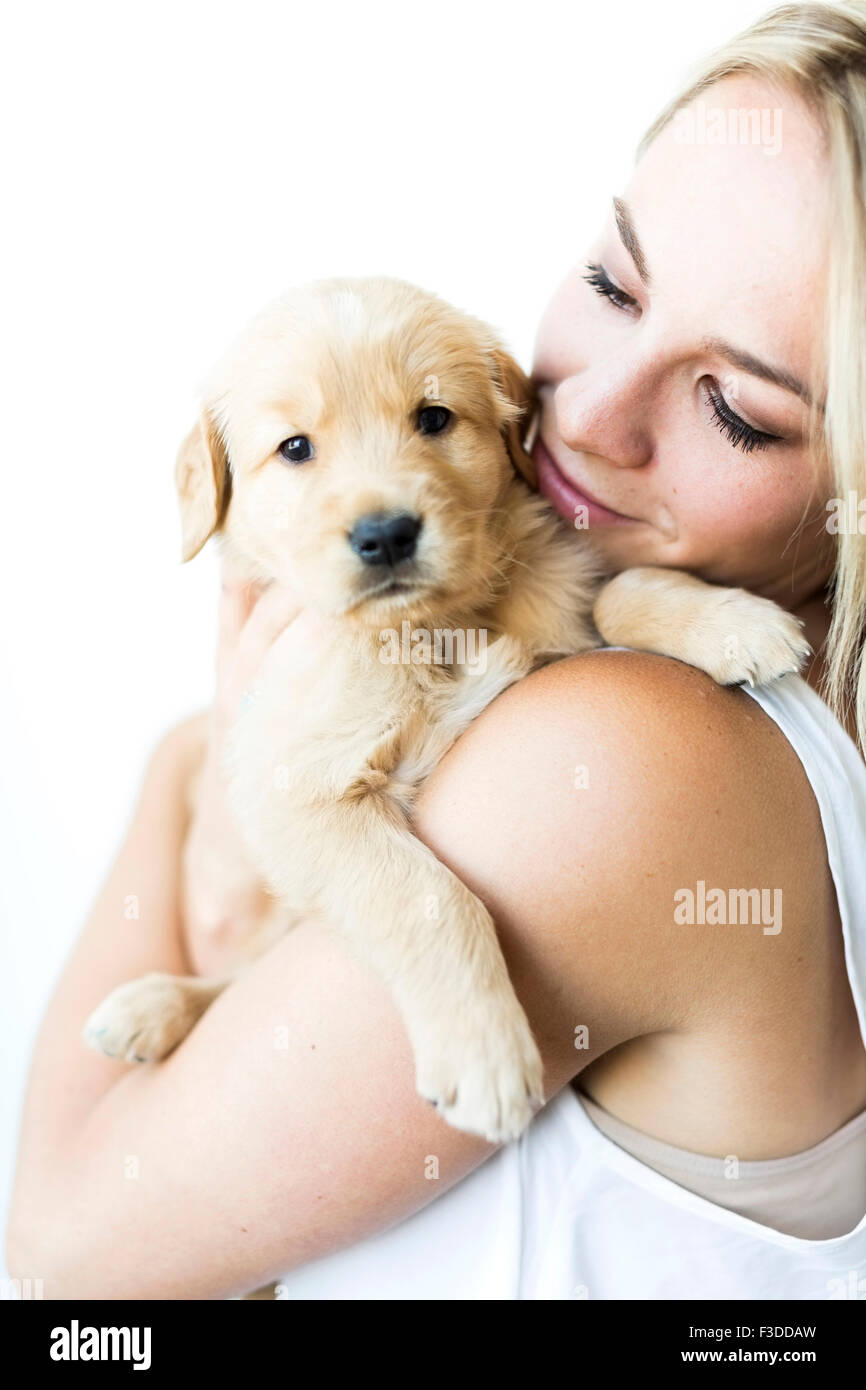 Studio shot of woman holding chiot Golden Retriever d'armes Banque D'Images