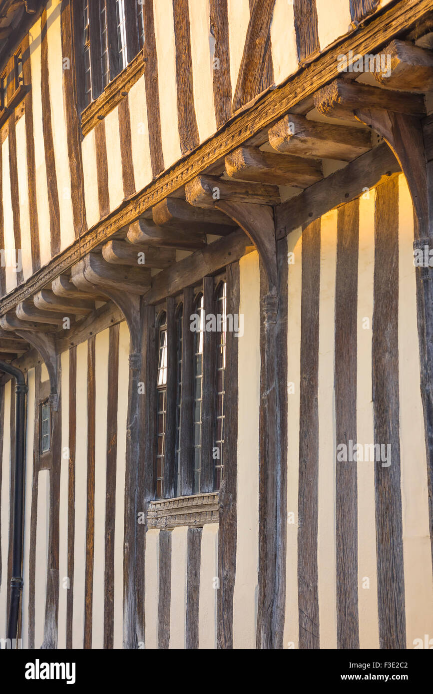 Suffolk édifice médiéval, détail d'une construction médiévales à pans de bois dans le village de Long Melford, Suffolk, Angleterre, RU Banque D'Images