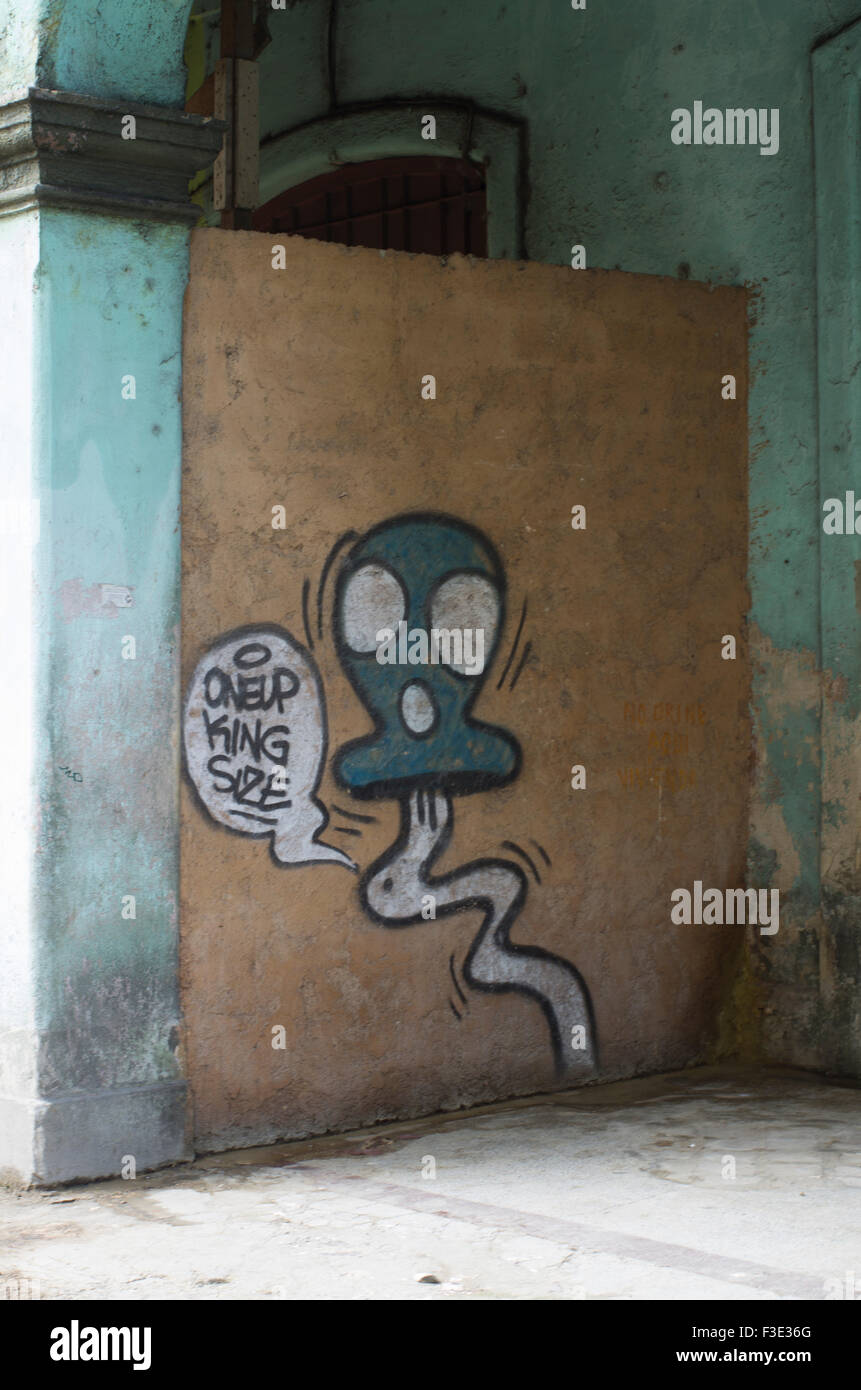 Graffiti sur l'un des nombreux beaux vieux bâtiments coloniaux espagnols en décomposition dans les rues de La Havane, dans la République de Cuba Banque D'Images