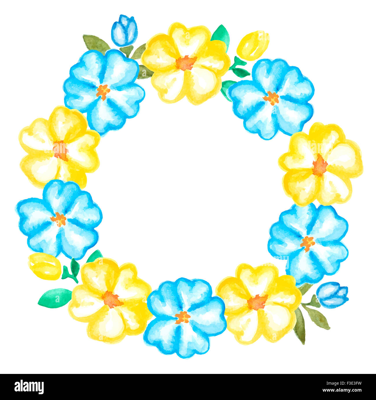 Aquarelle floral frame dessiné à la main avec des fleurs jaune et bleu Banque D'Images