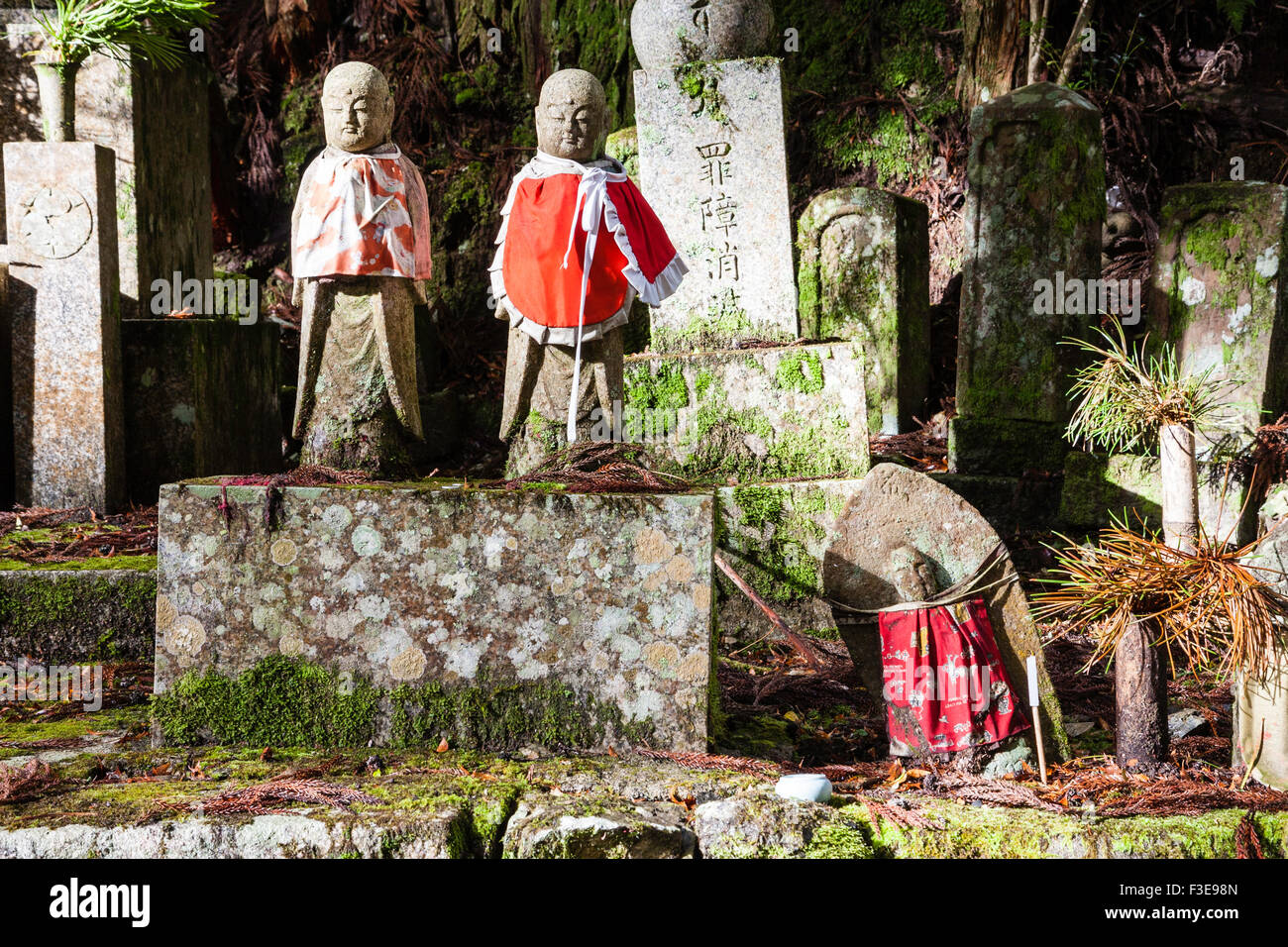 Le Japon, Koyasan, Okunoin cemetery. Deux statues jizo bosatsu bibbed rouge placé sur le bloc de pierre avec des pierres tombales et des cèdres arbres derrière. Banque D'Images
