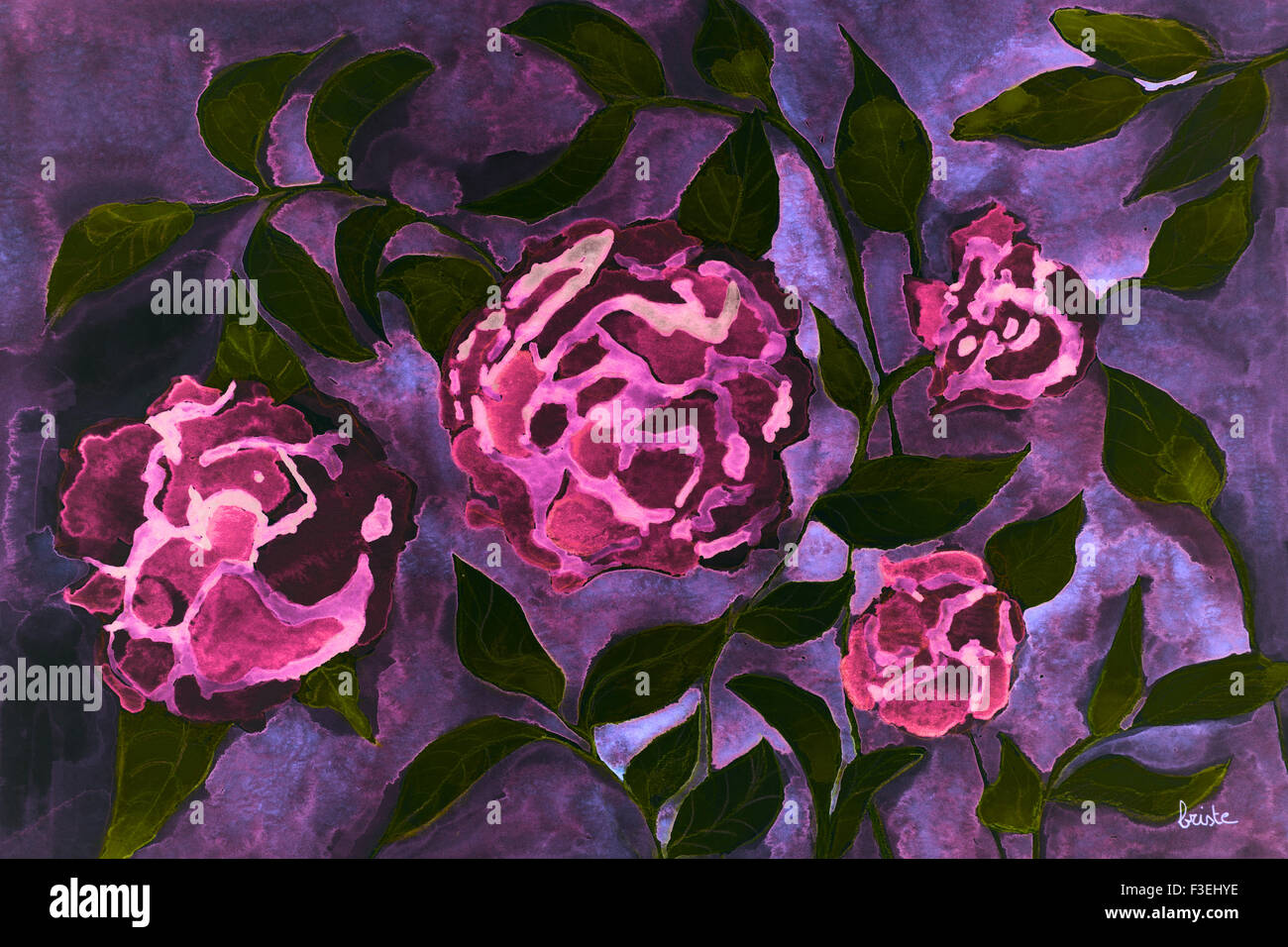 Rose fleurs fantaisie psychédélique sur un fond lilas foncé. la touche technique donne un effet de flou en raison de l'altération Banque D'Images