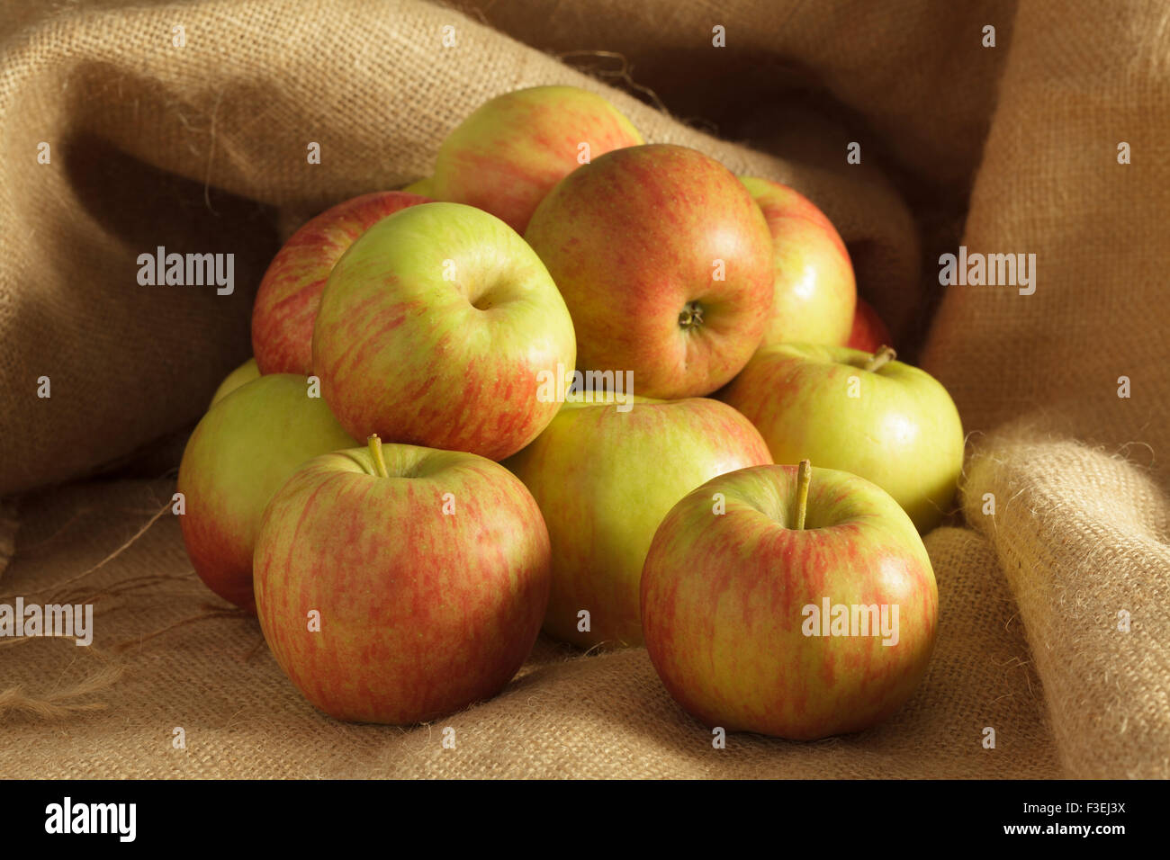 Pommes sur fond de toile de jute Banque D'Images