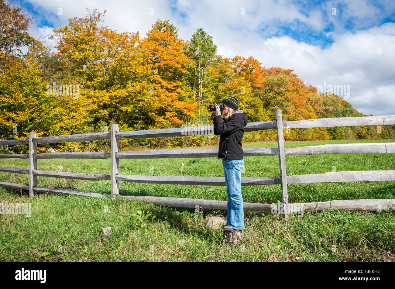Femme de prendre une photo de la couleur de l'automne dans les Adirondacks Banque D'Images