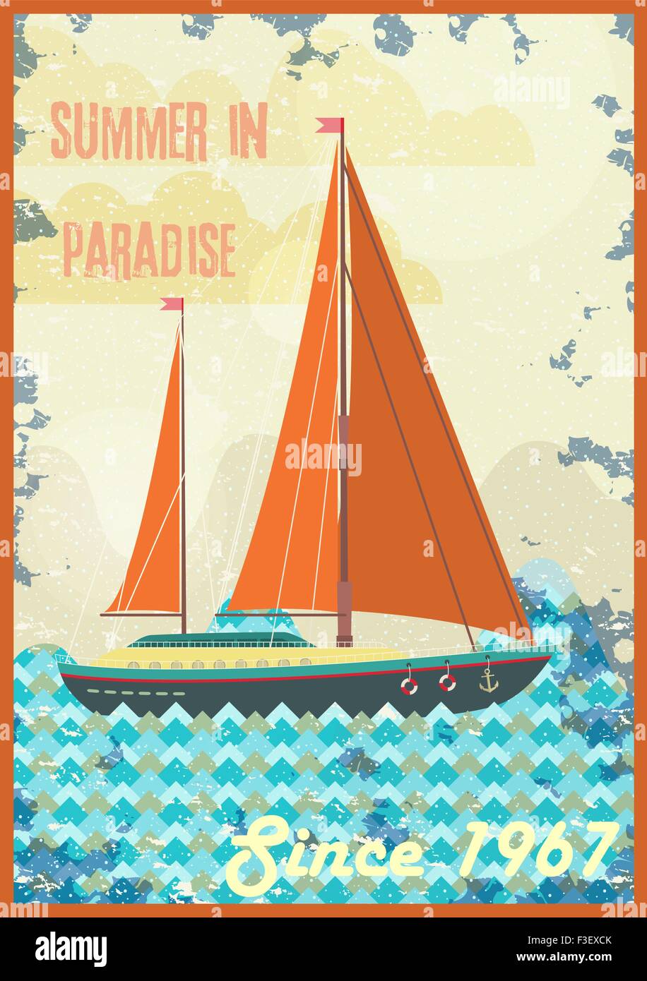 Bienvenue au paradis tropical vintage poster design. Profiter du soleil retro illustration vectorielle. Illustration de Vecteur