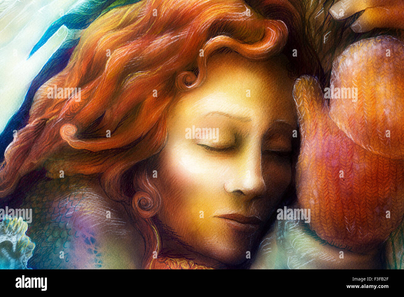 Belle couleur fantasy peinture d'un rêve radieux fairy femme aux cheveux rouges et l'hiver glowes par un tronc d'arbre, avec clo Banque D'Images
