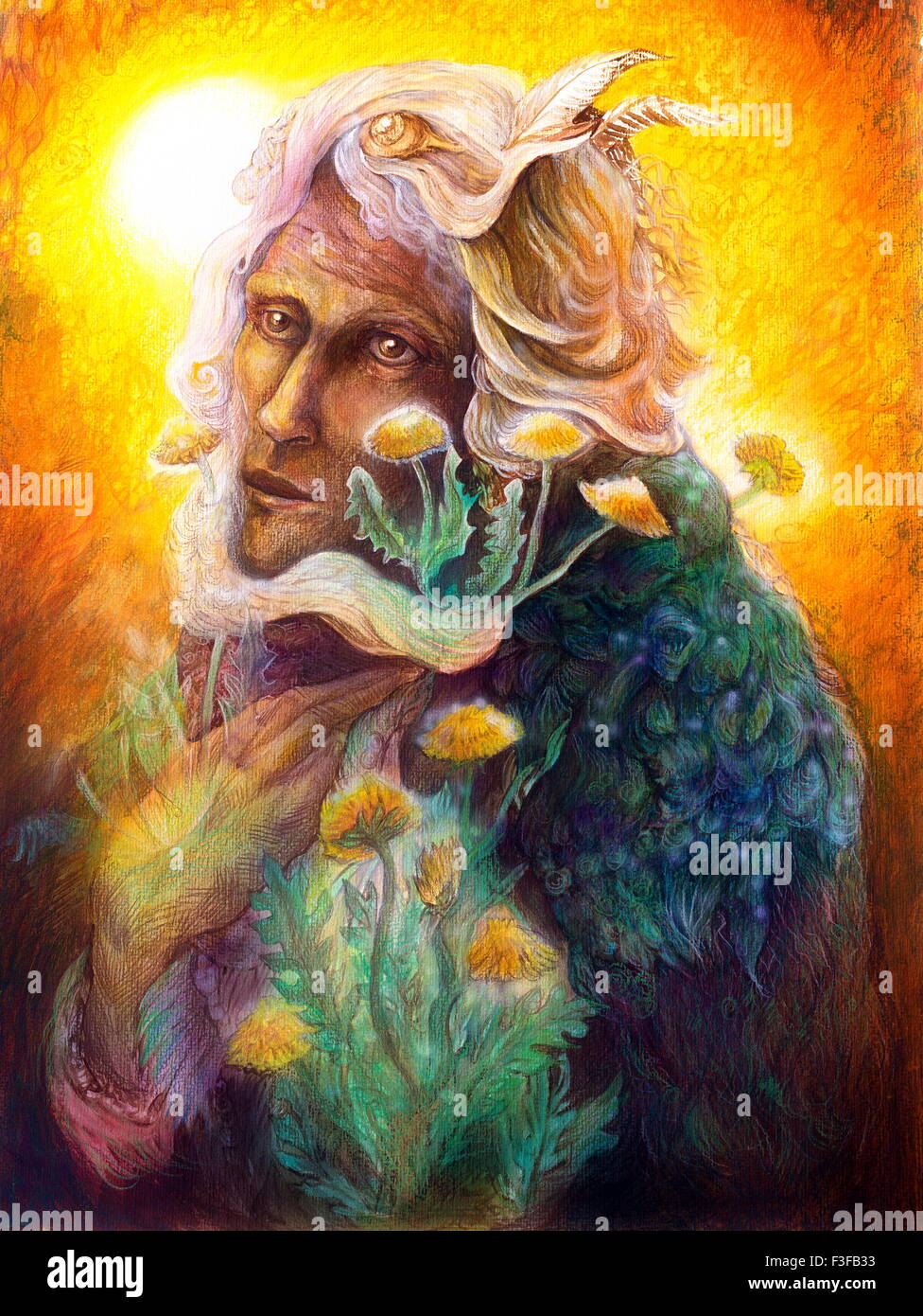 Fantasy elven fairy man portrait avec le pissenlit, belle peinture féerique détaillées colorés d'une créature elfique et de l'énergie Banque D'Images