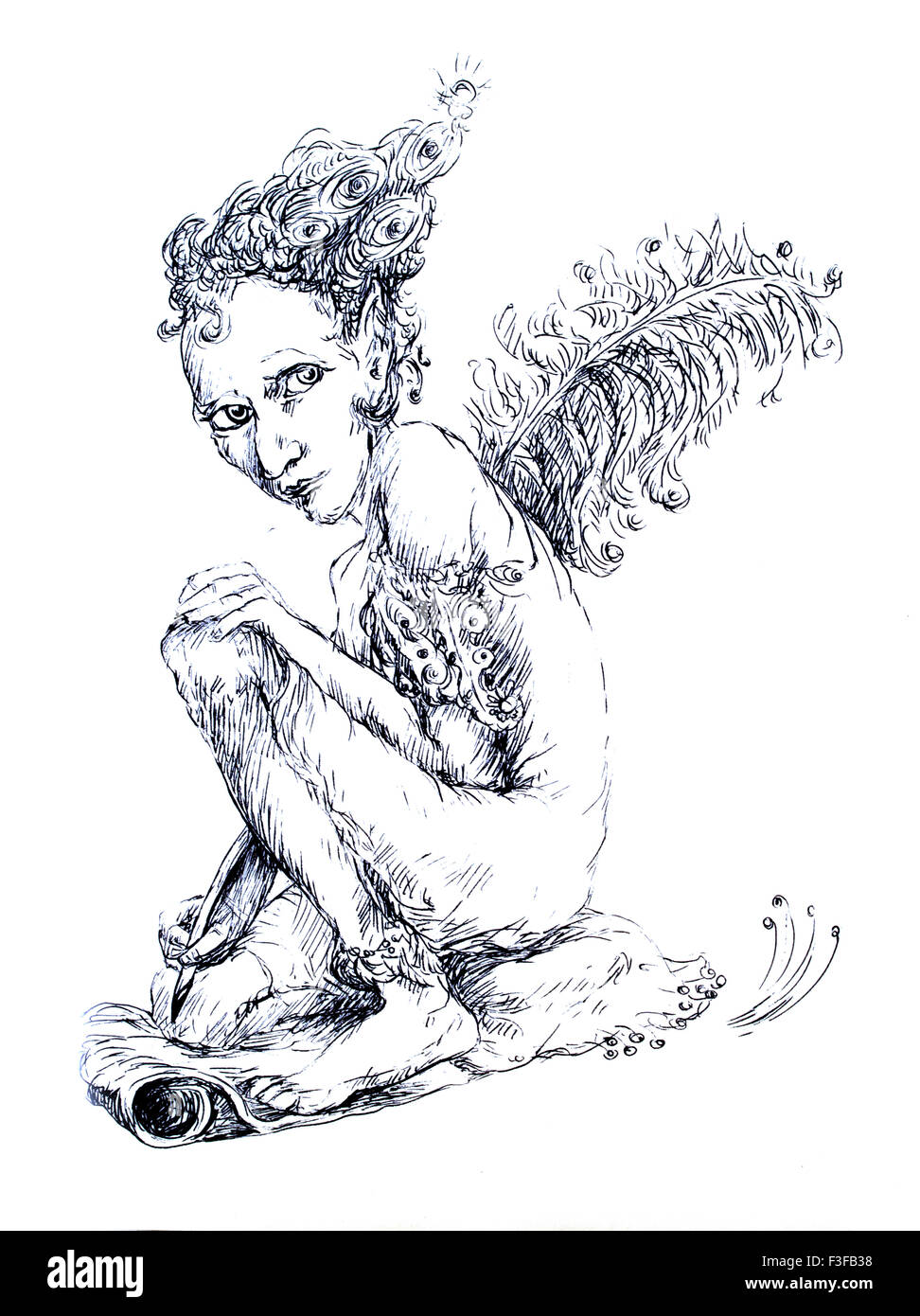 Beau dessin d'ornement linéaire détaillée d'une créature elfique comme un écrivain magique avec une plume d'autruche Banque D'Images