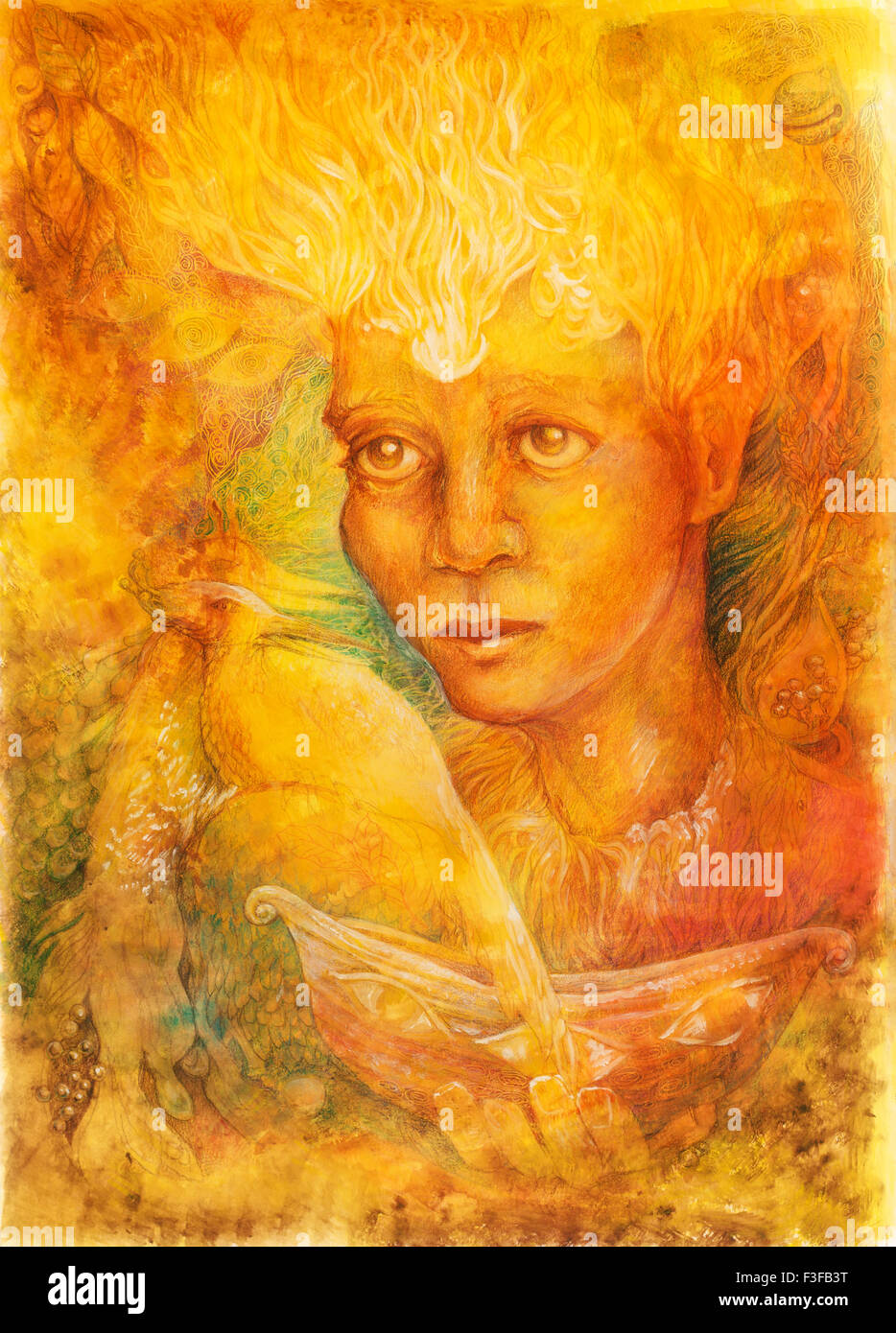 Lumière d'or fantasy fairy esprit avec deux oiseaux phoenix et un bateau dans la main, belle peinture colorée d'un radiant d'elven Banque D'Images
